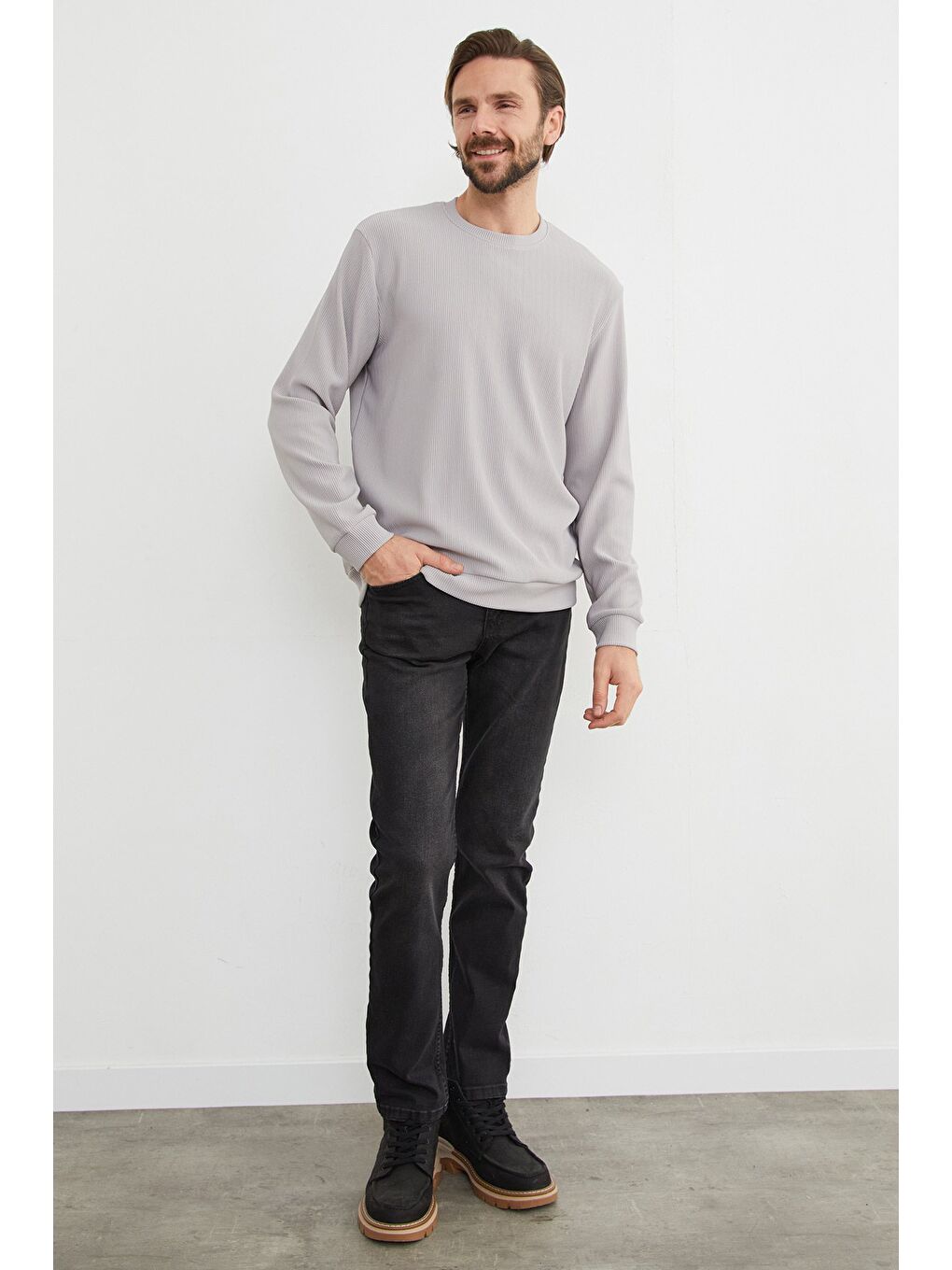 Gri Basic Fitilli Bisiklet Yaka Büyük Beden Sweatshirt-1