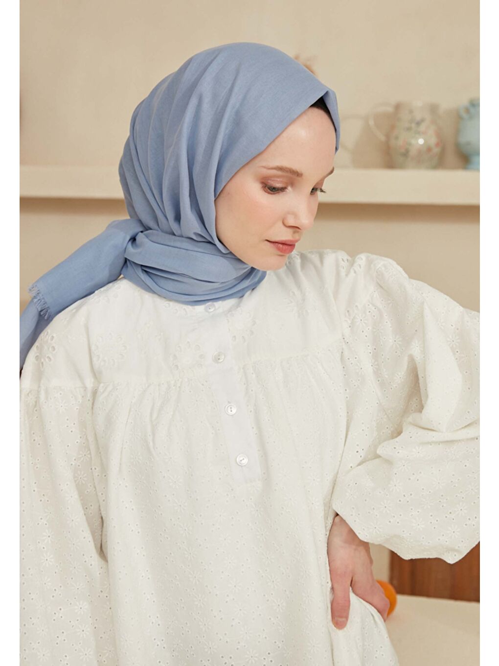 İnce Pamuk Vual Şal Mistik Mavi-2