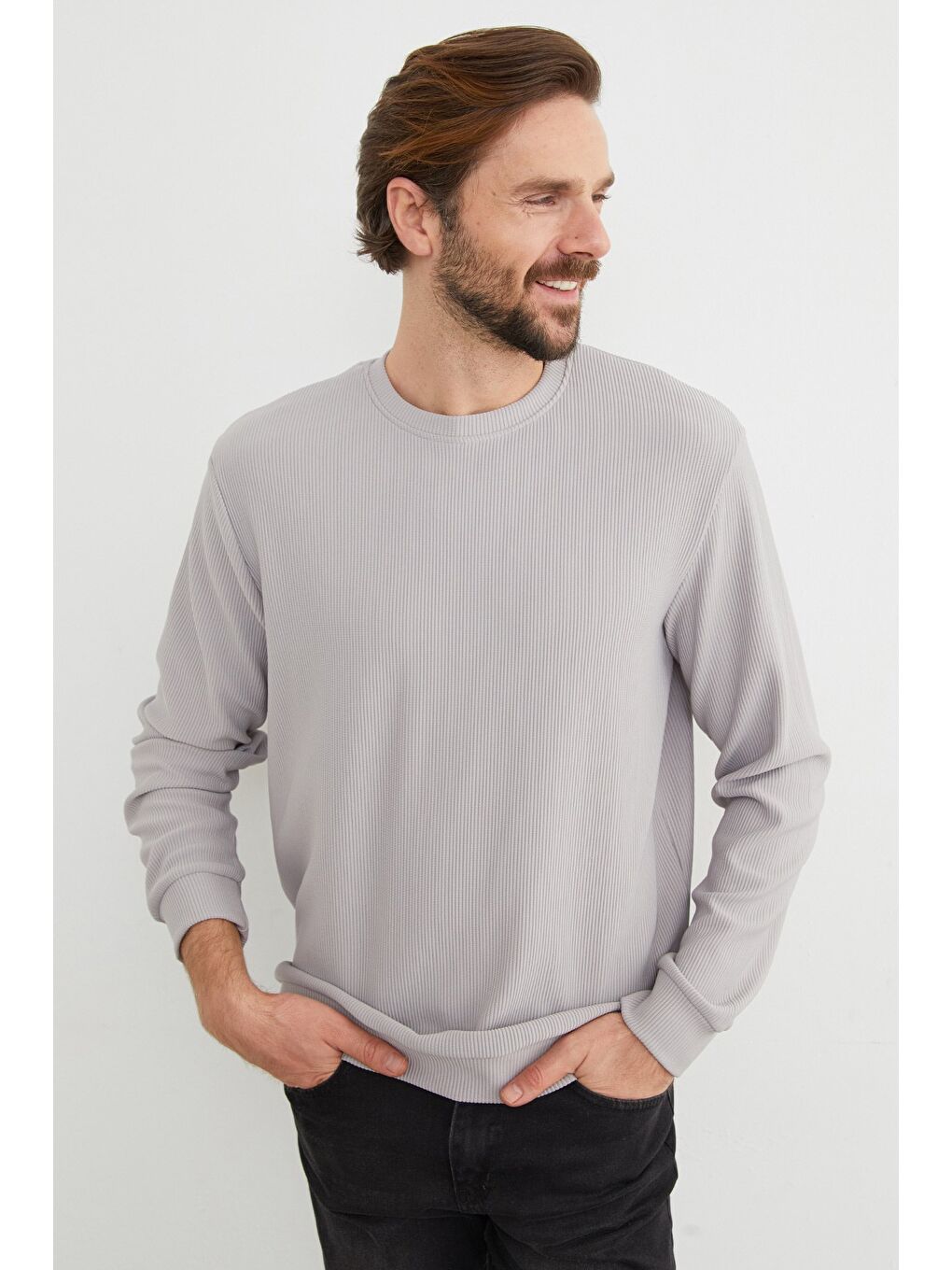 Gri Basic Fitilli Bisiklet Yaka Büyük Beden Sweatshirt-2