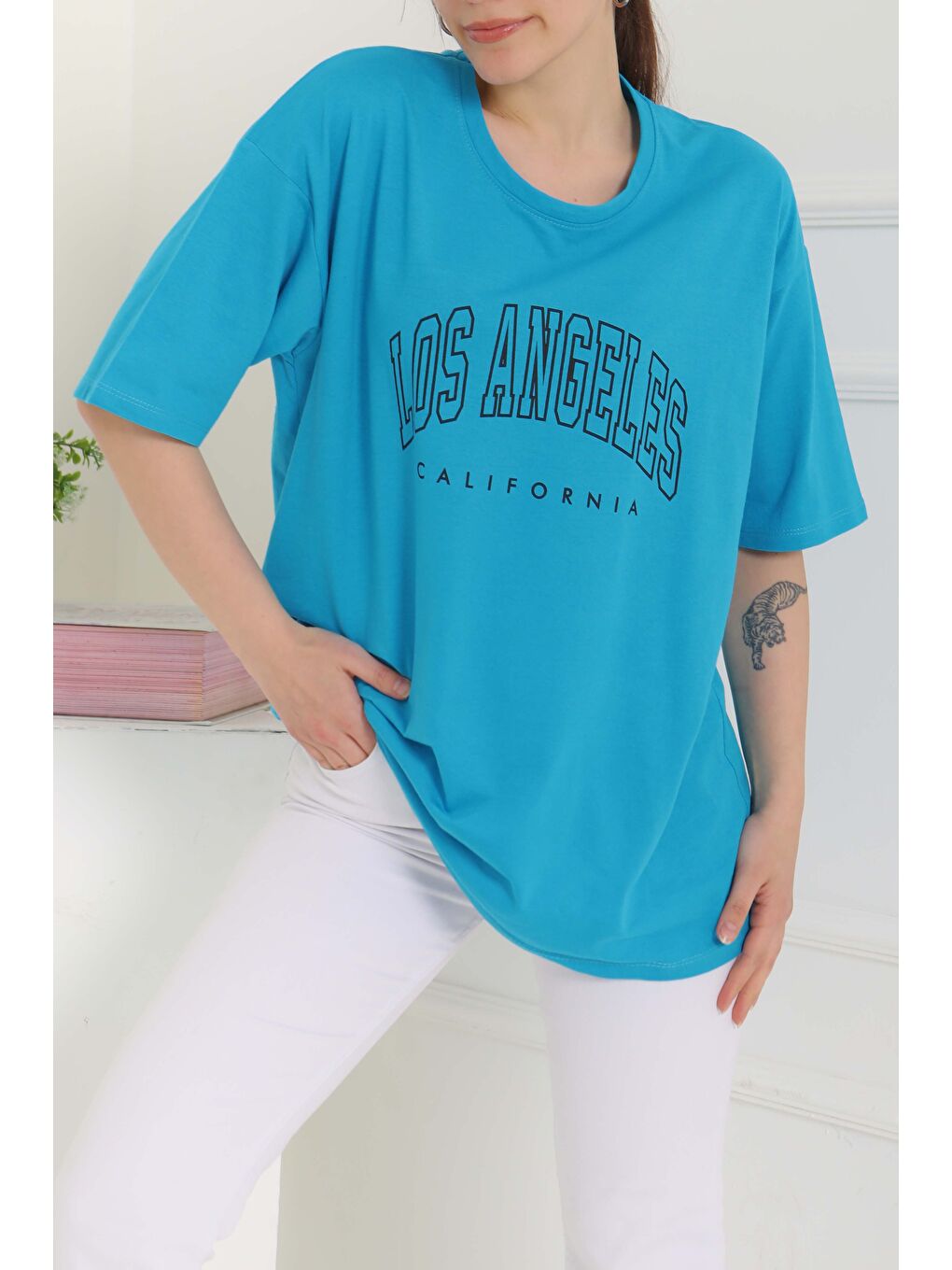 Baskılı Kısa Kollu T-Şhirt Turkuaz - 27094-1