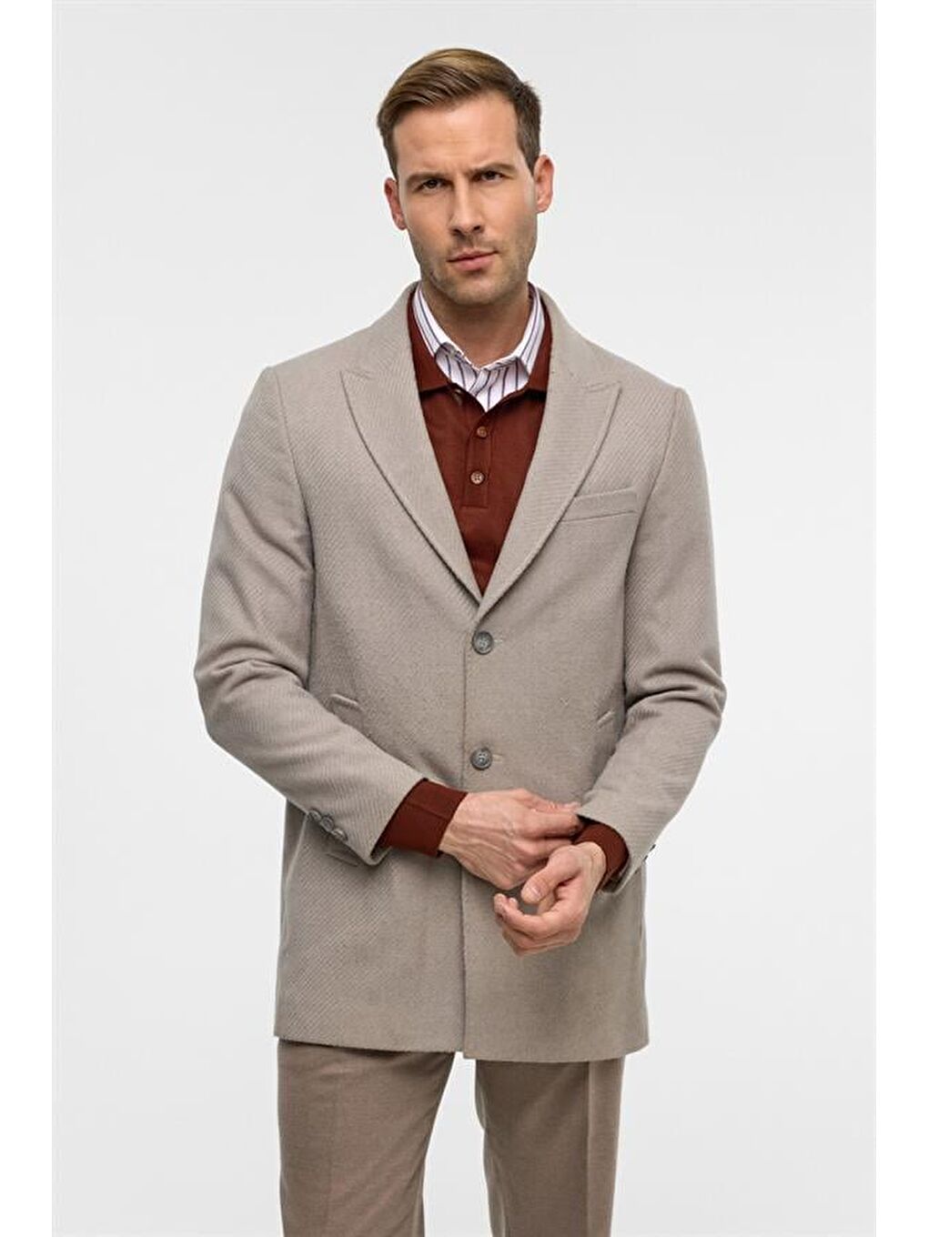 Bej Slim Desenli Sivri Yaka Kaban-2