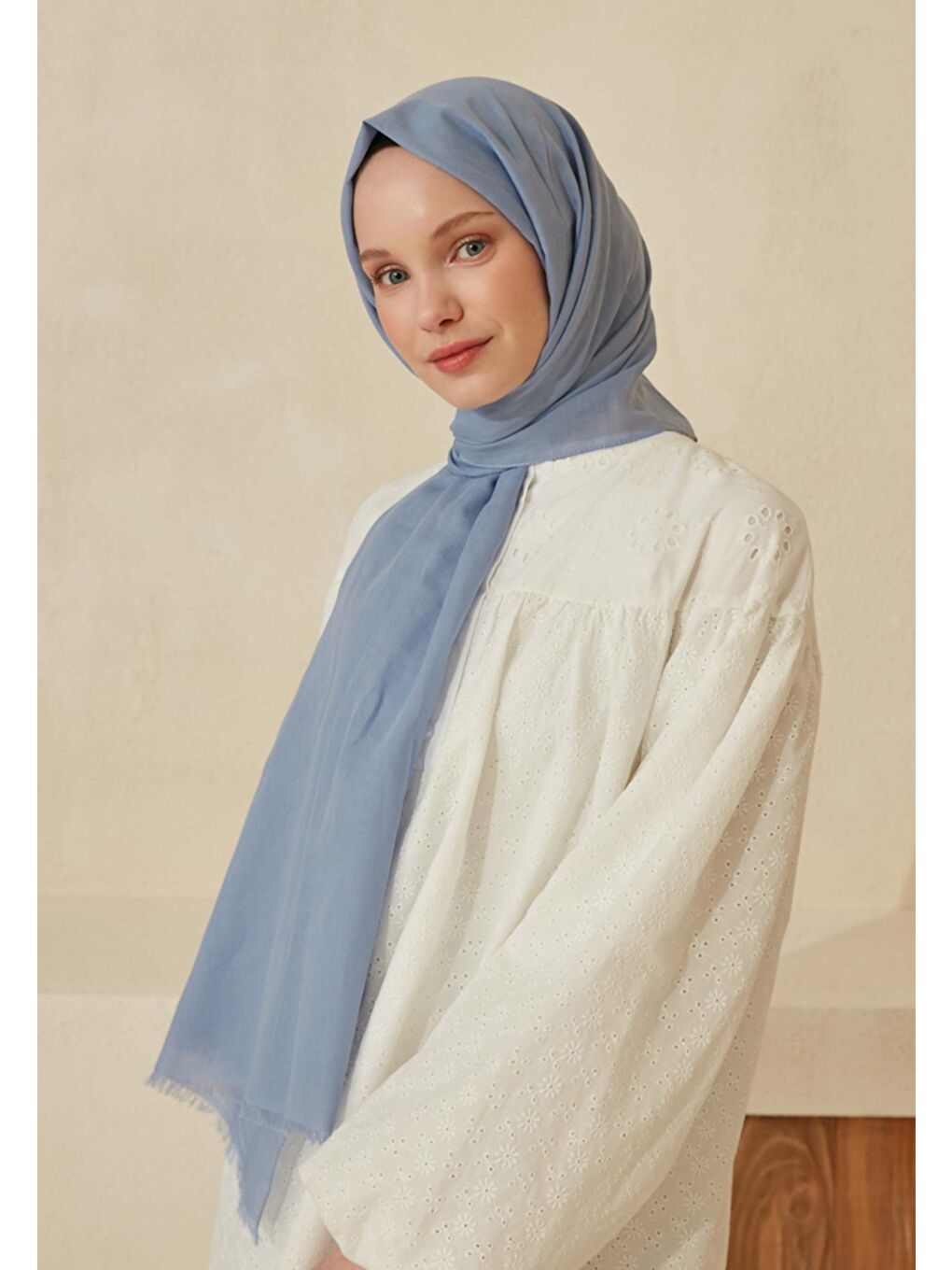 İnce Pamuk Vual Şal Mistik Mavi-3