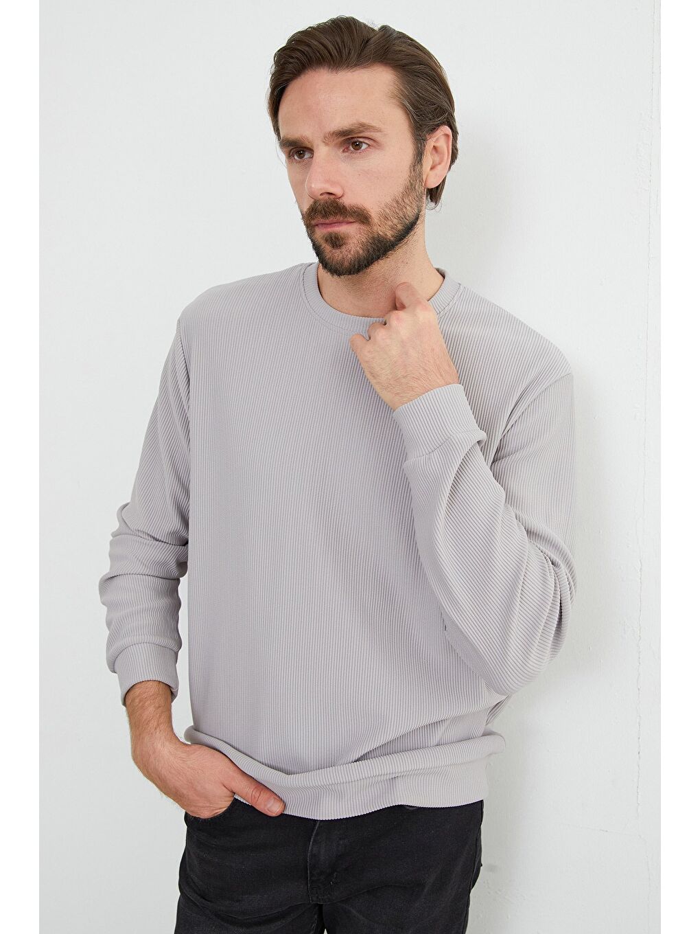 Gri Basic Fitilli Bisiklet Yaka Büyük Beden Sweatshirt-3