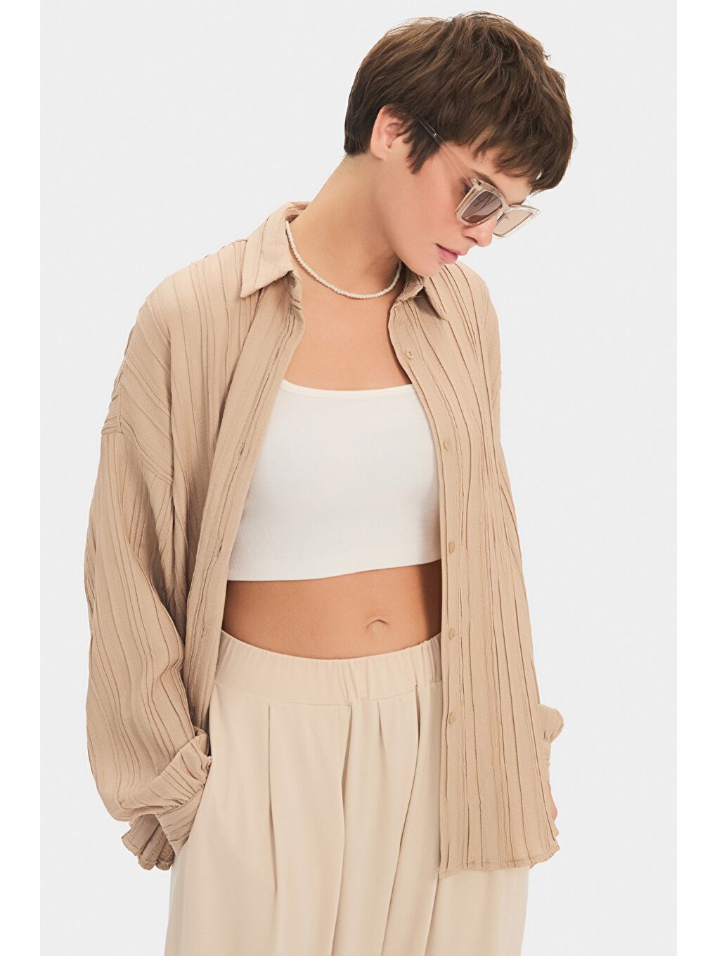 Bej Kadın Regular/normal Kalıp Dökümlü Gömlek-1