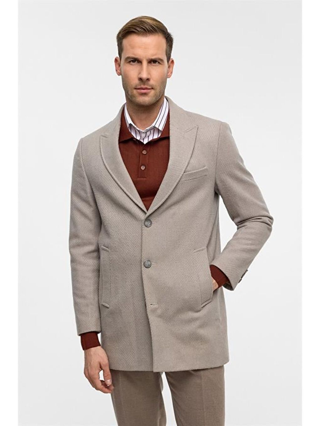 Bej Slim Desenli Sivri Yaka Kaban-3