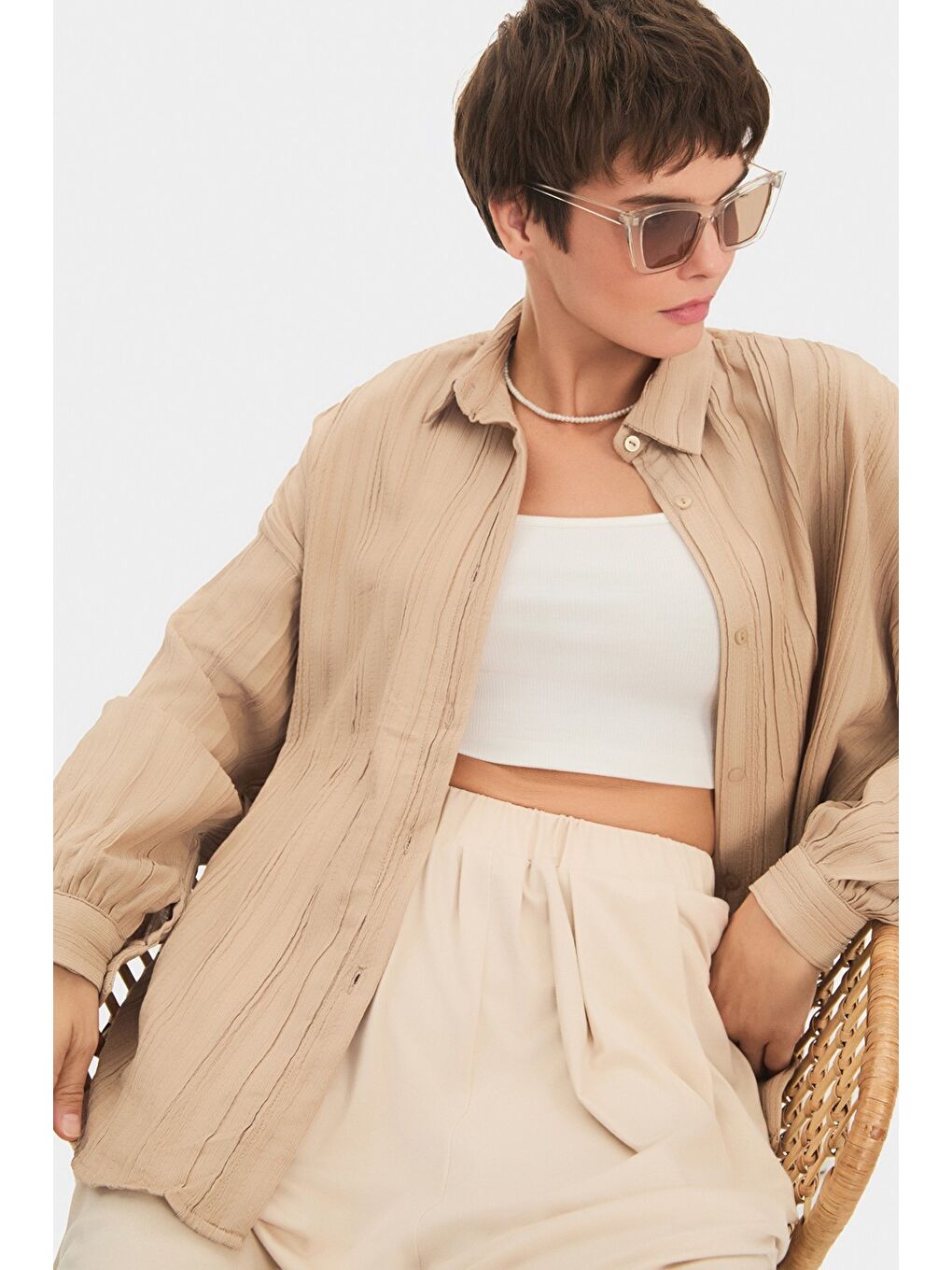 Bej Kadın Regular/normal Kalıp Dökümlü Gömlek-3