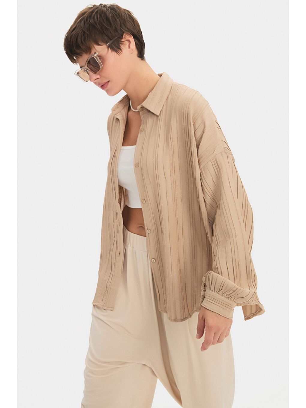 Bej Kadın Regular/normal Kalıp Dökümlü Gömlek-4