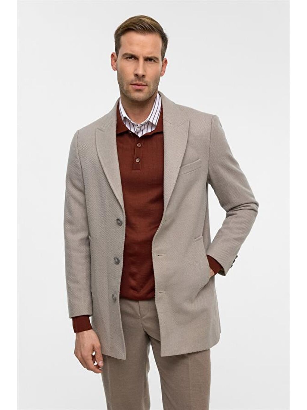 Bej Slim Desenli Sivri Yaka Kaban-4