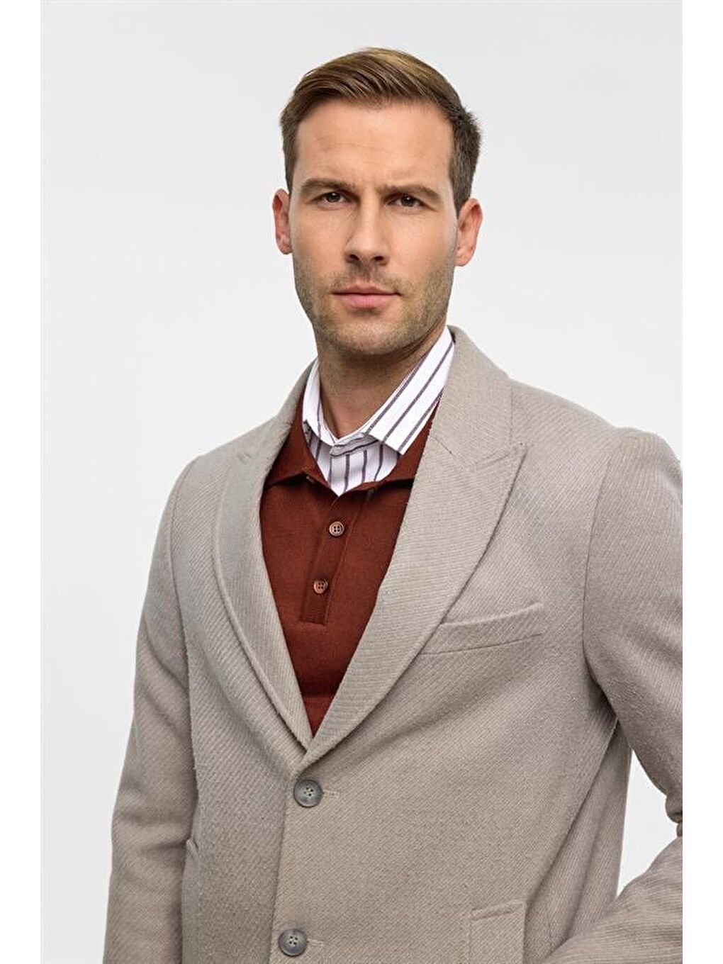 Bej Slim Desenli Sivri Yaka Kaban-6