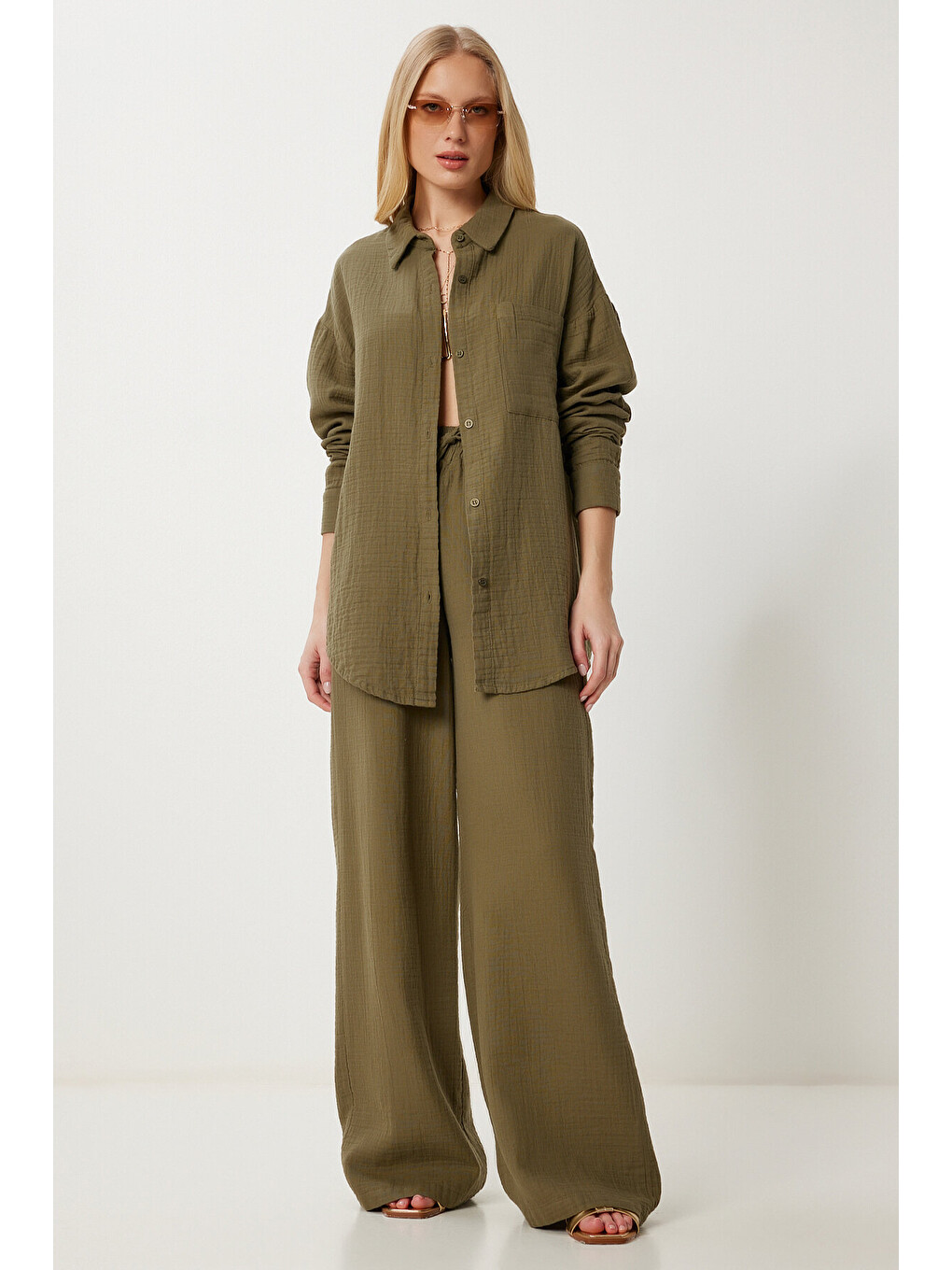 Haki Oversize Müslin Gömlek Pantolon Takım HAKİ LSA0014-1