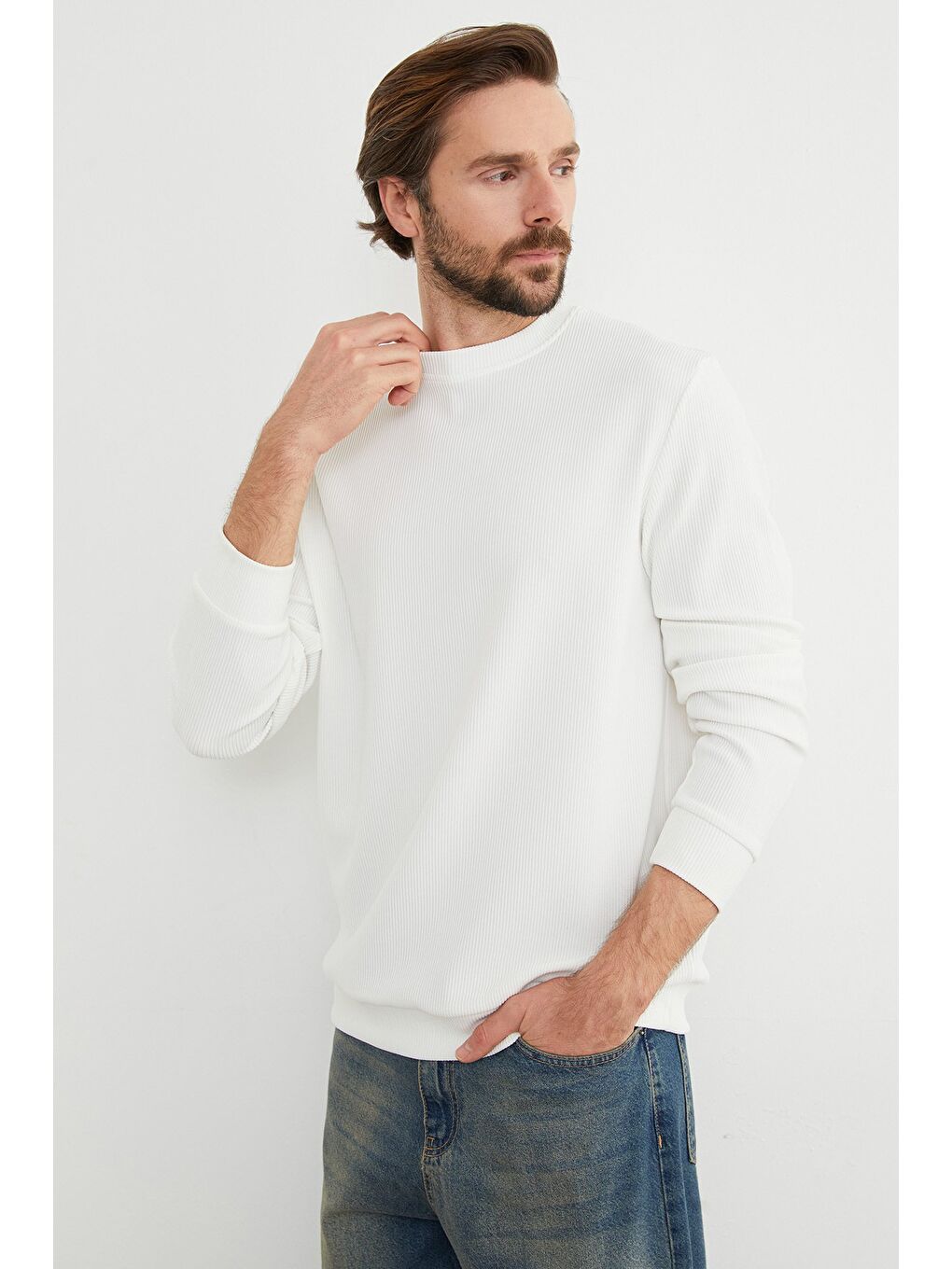 Ekru Basic Fitilli Bisiklet Yaka Büyük Beden Sweatshirt