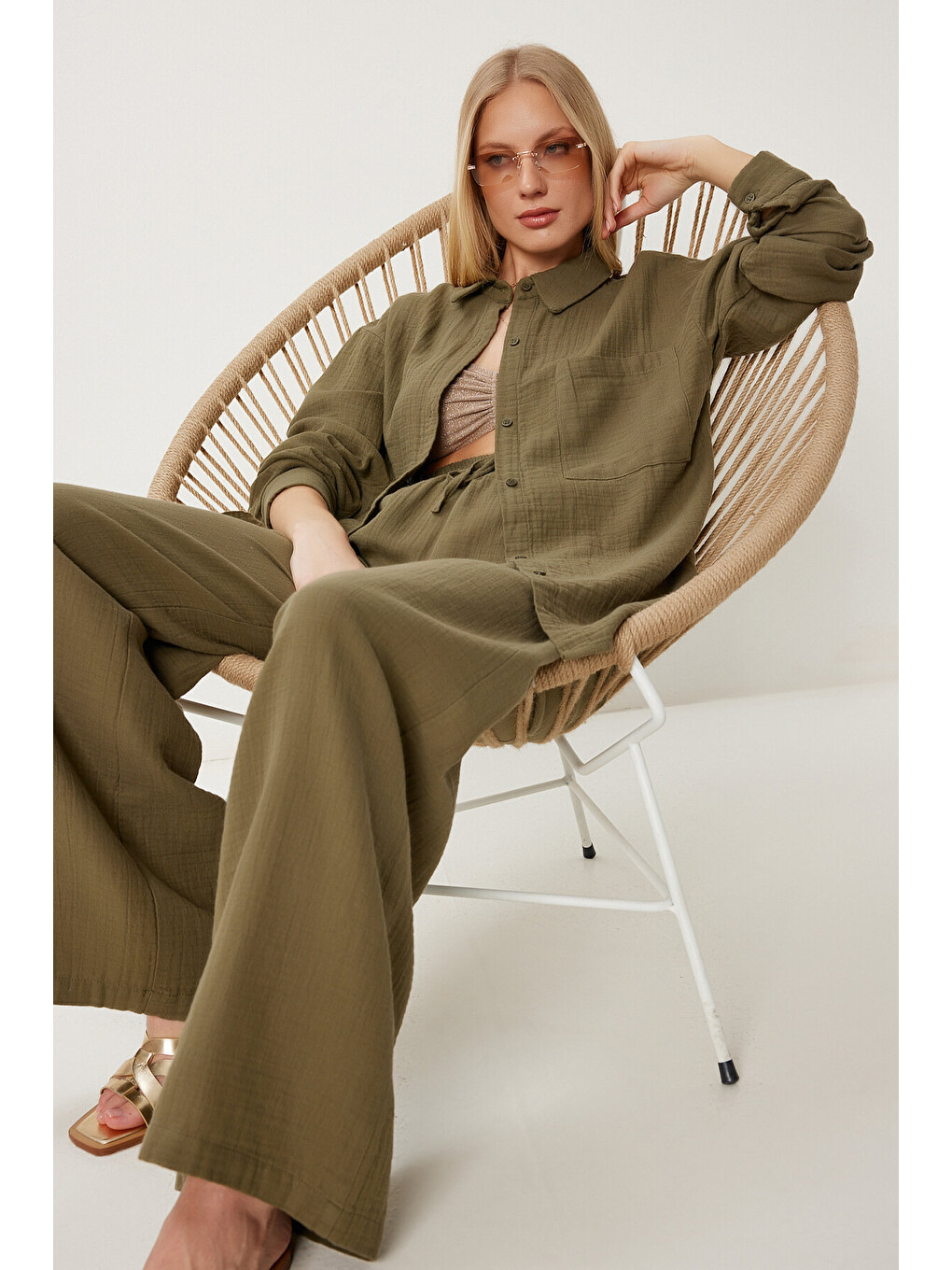 Haki Oversize Müslin Gömlek Pantolon Takım HAKİ LSA0014-2