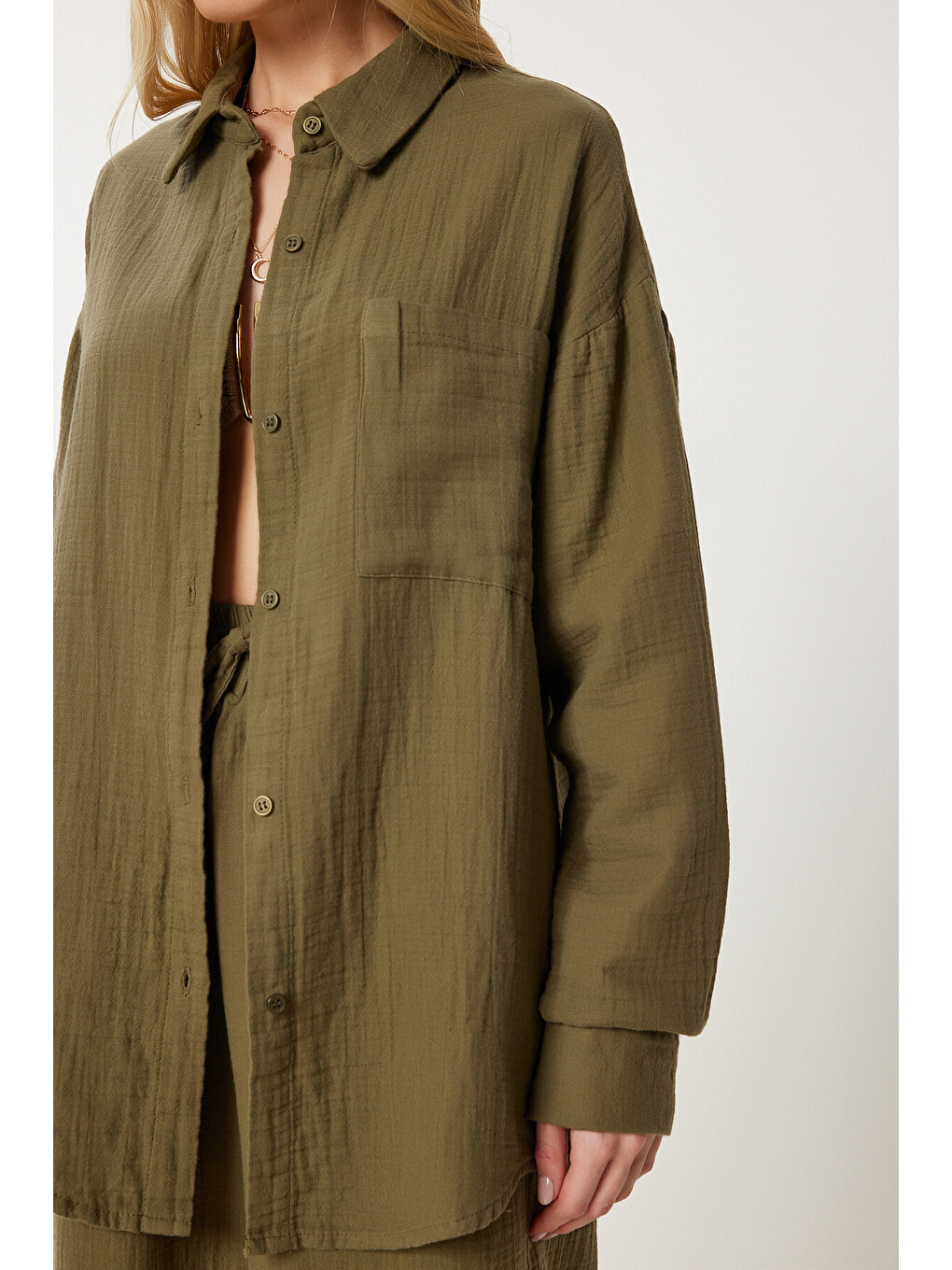 Haki Oversize Müslin Gömlek Pantolon Takım HAKİ LSA0014-3