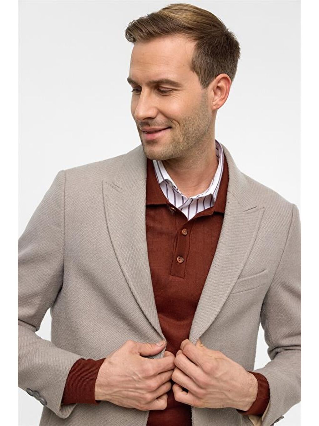 Bej Slim Desenli Sivri Yaka Kaban-7