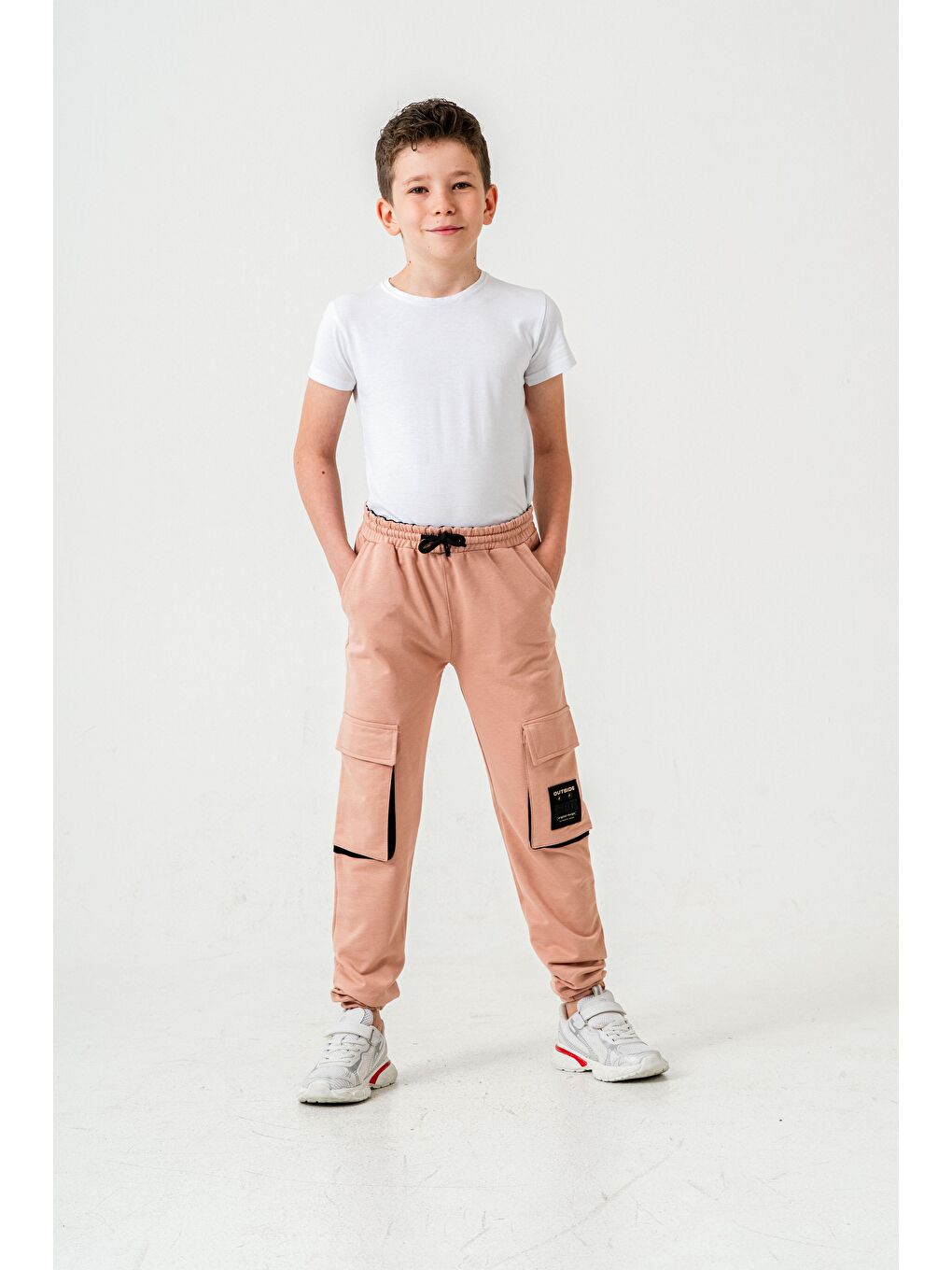 Pembe Çift Kargo Cepli Sol Cep Kapagı Armalı Erkek Çoçuk Eşofman Altı