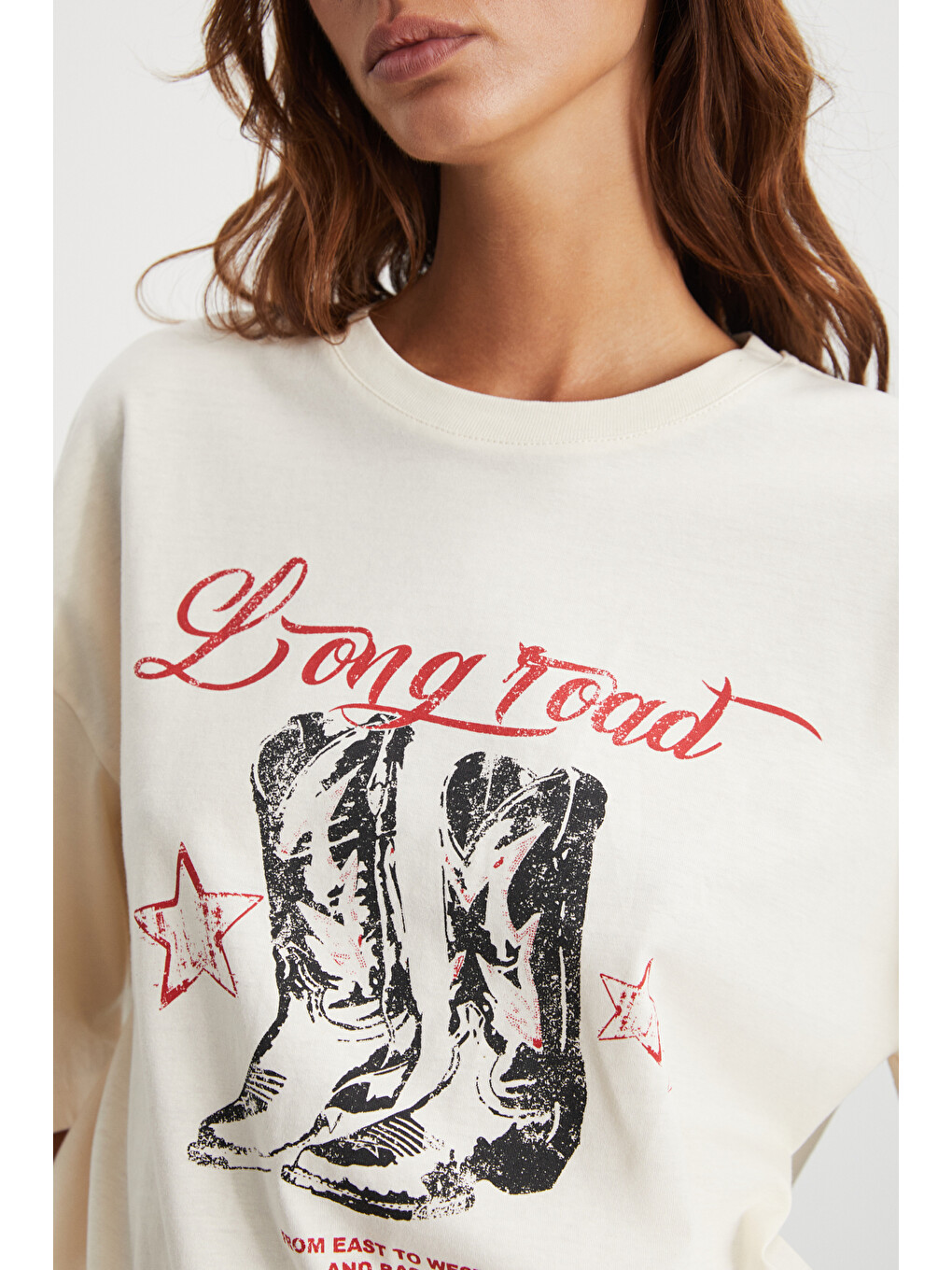 Ekru MAJER Kadın %100 Organik Pamuklu Western Tema Baskılı Regular Fit KREM T-Shirt-4
