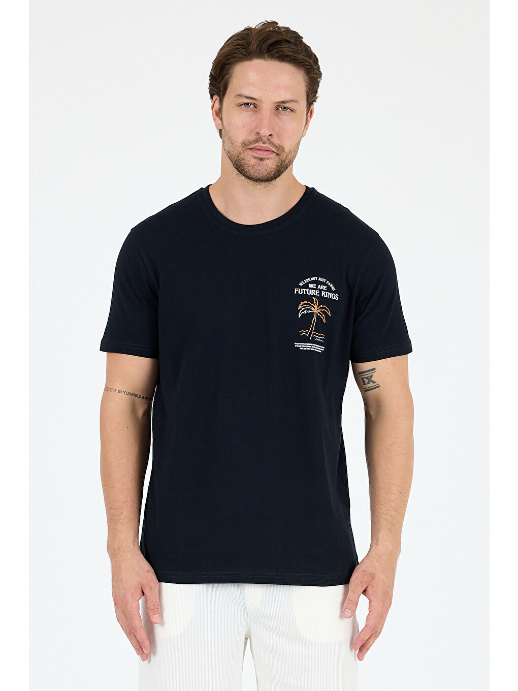 Lacivert Bisiklet Yaka Baskılı Penye Erkek Tişört