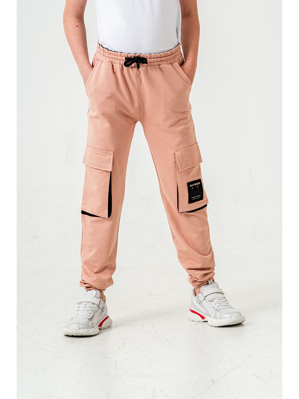 Pembe Çift Kargo Cepli Sol Cep Kapagı Armalı Erkek Çoçuk Eşofman Altı-3