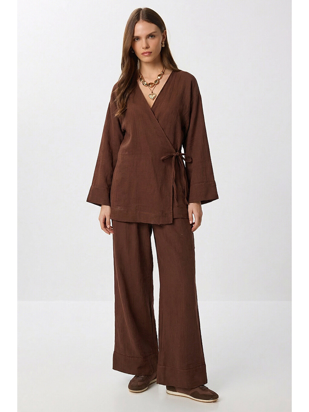 Kahverengi Bağlama Detaylı Müslin Kimono Takım KAHVERENGİ LZH0020-1
