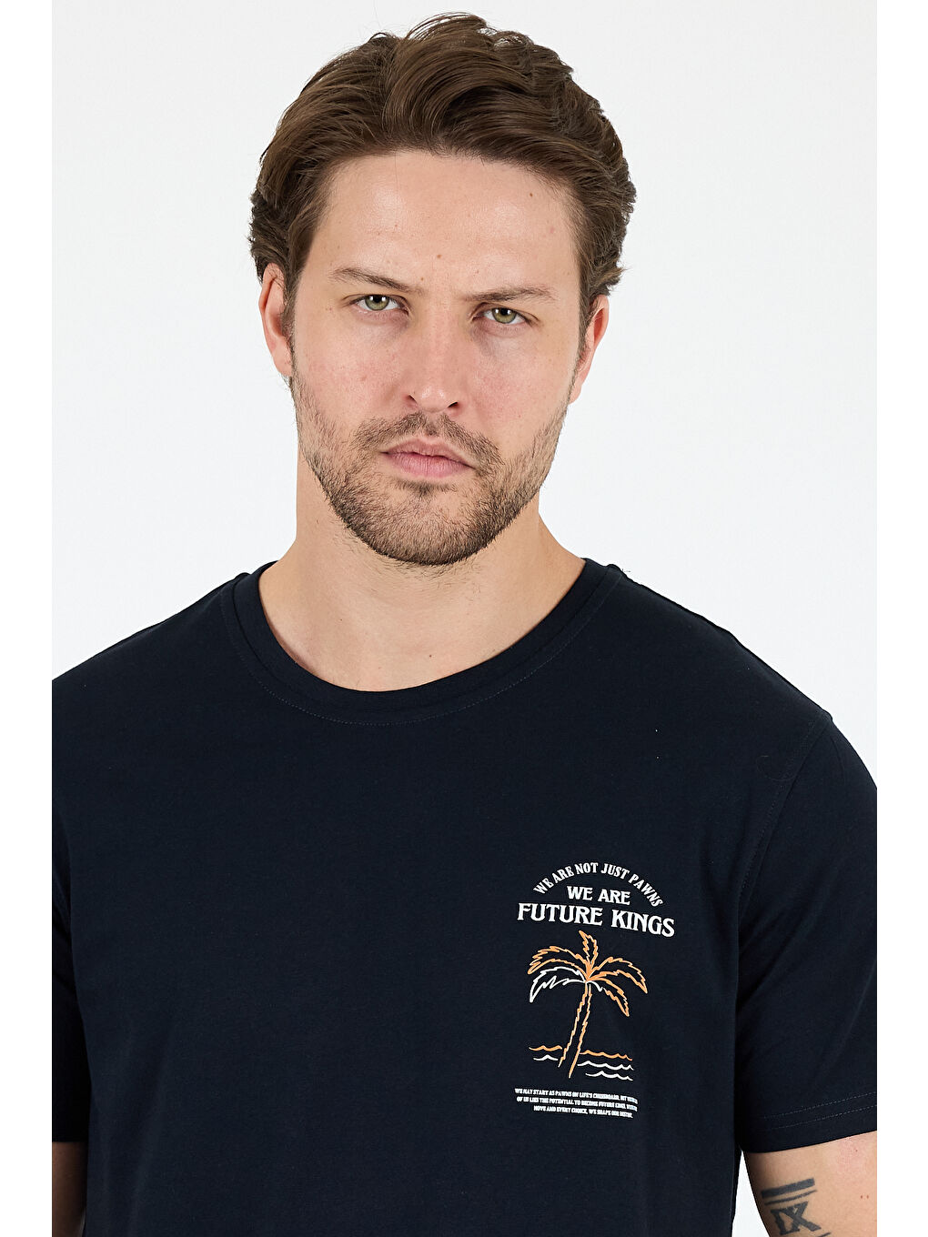 Lacivert Bisiklet Yaka Baskılı Penye Erkek Tişört-2