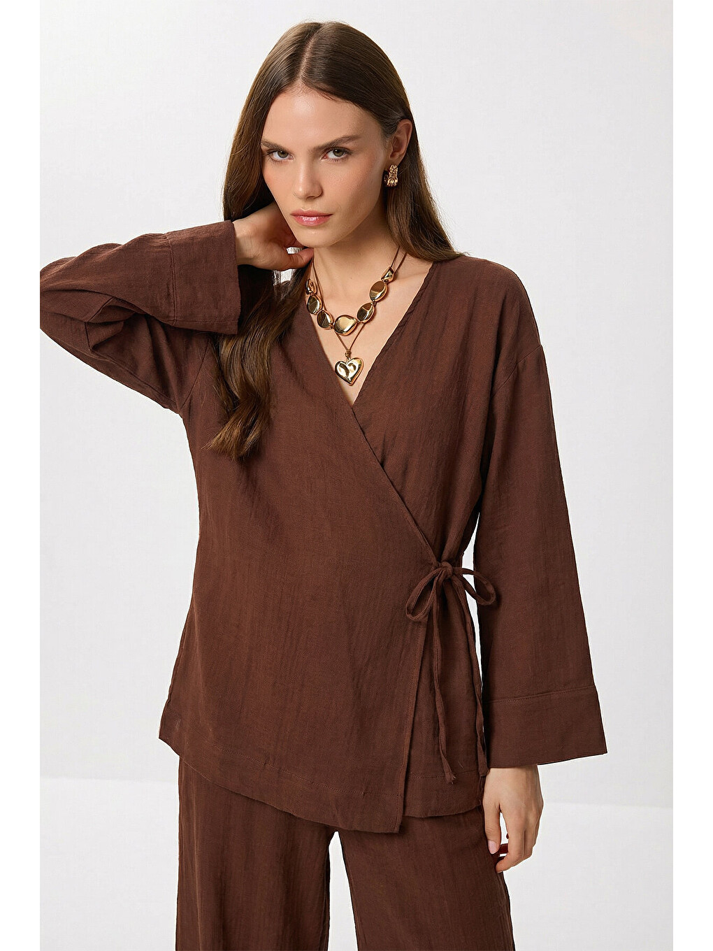 Kahverengi Bağlama Detaylı Müslin Kimono Takım KAHVERENGİ LZH0020-2