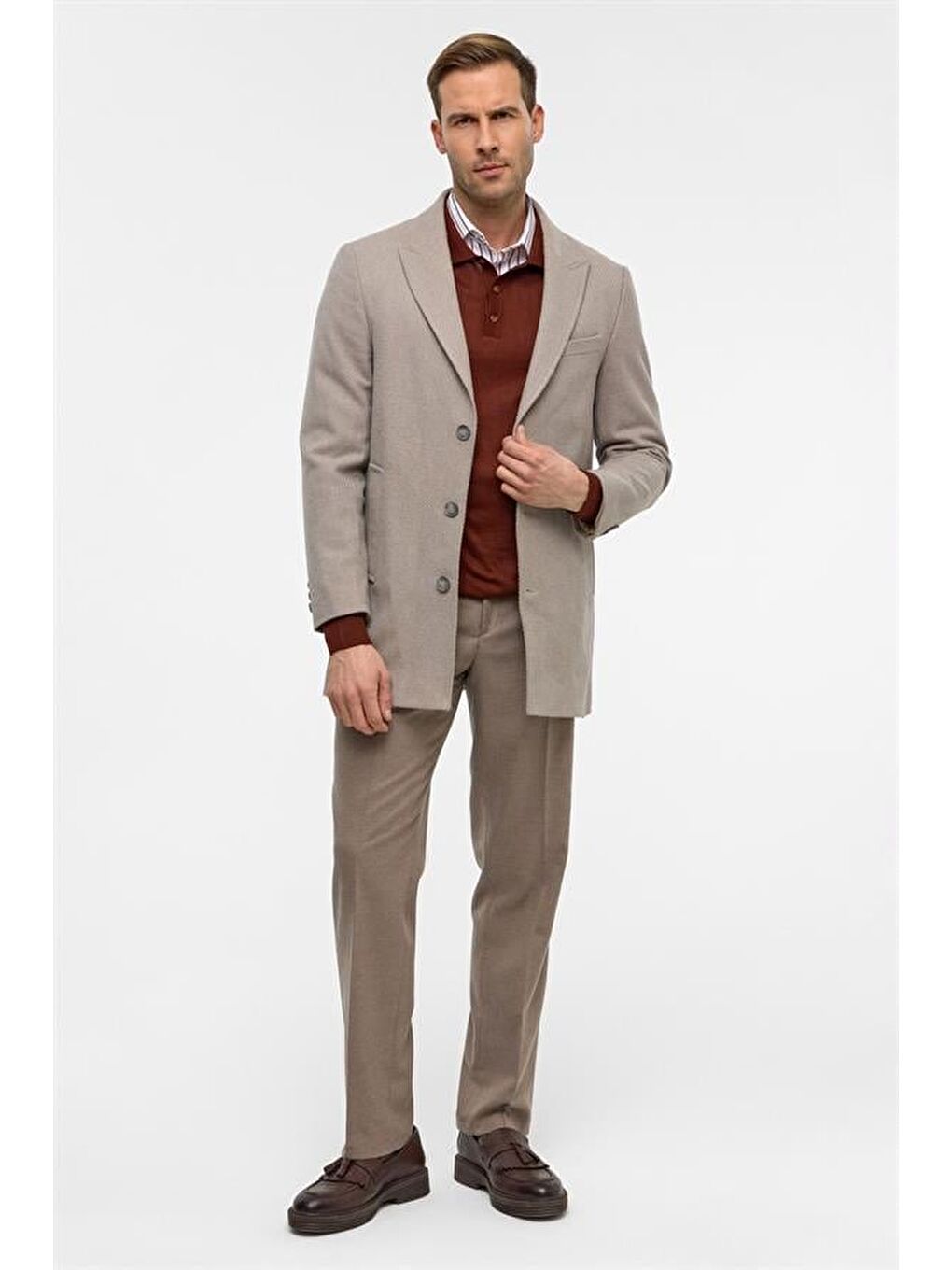 Bej Slim Desenli Sivri Yaka Kaban-10