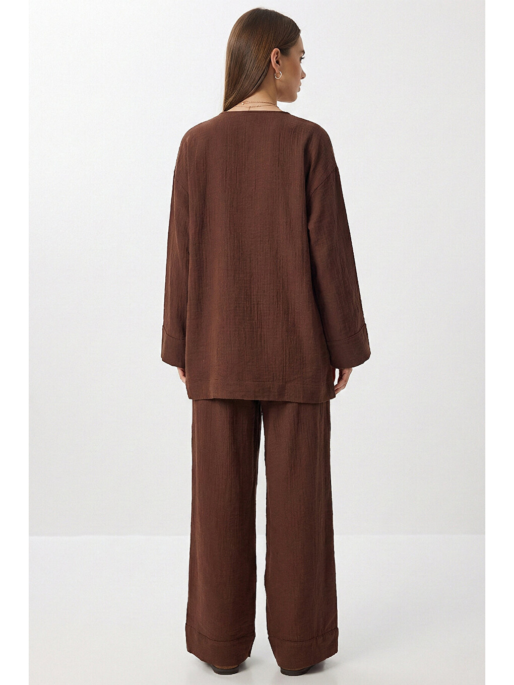 Kahverengi Bağlama Detaylı Müslin Kimono Takım KAHVERENGİ LZH0020-4