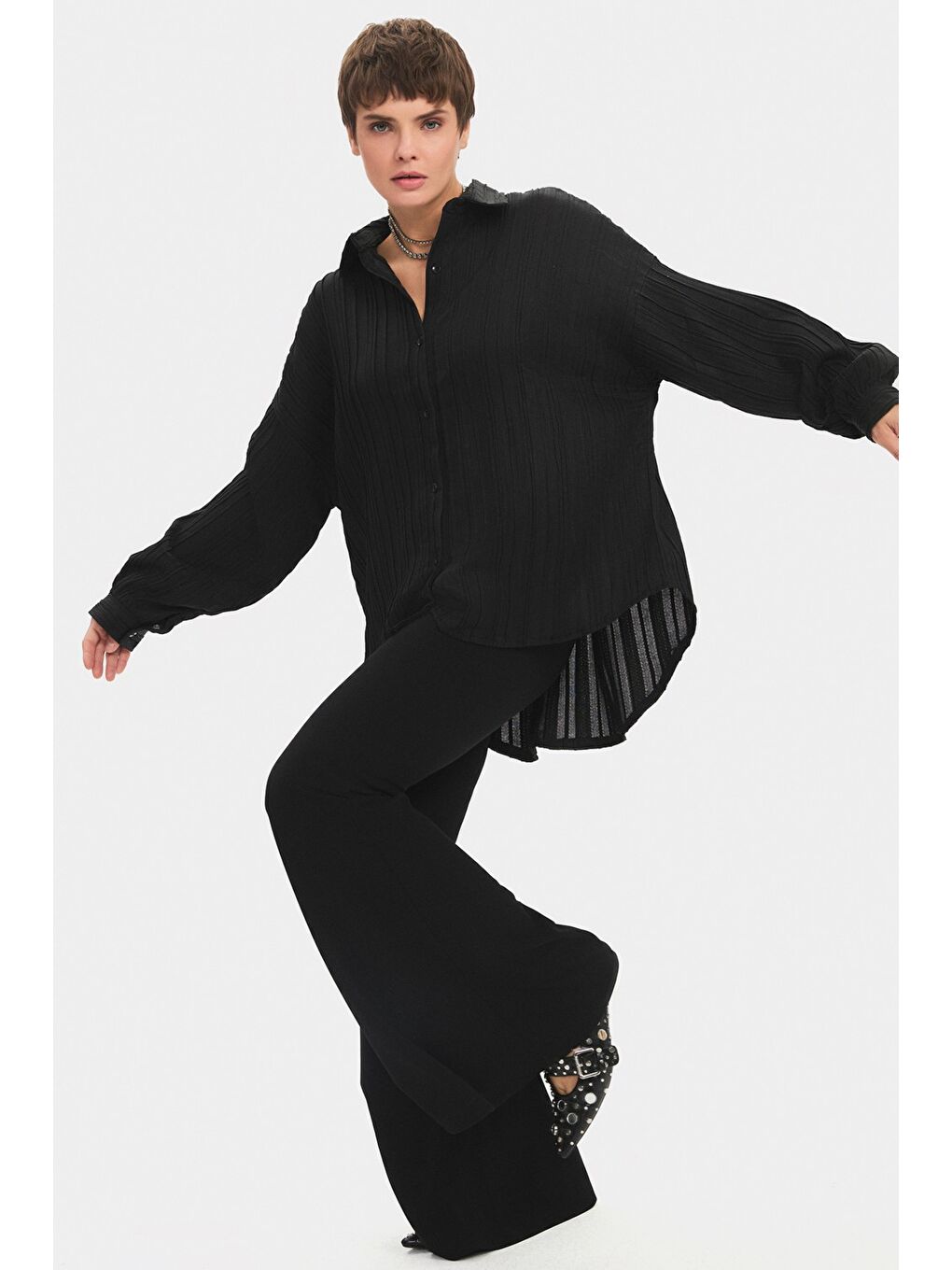 Siyah Kadın Regular/normal Kalıp Dökümlü Gömlek-1