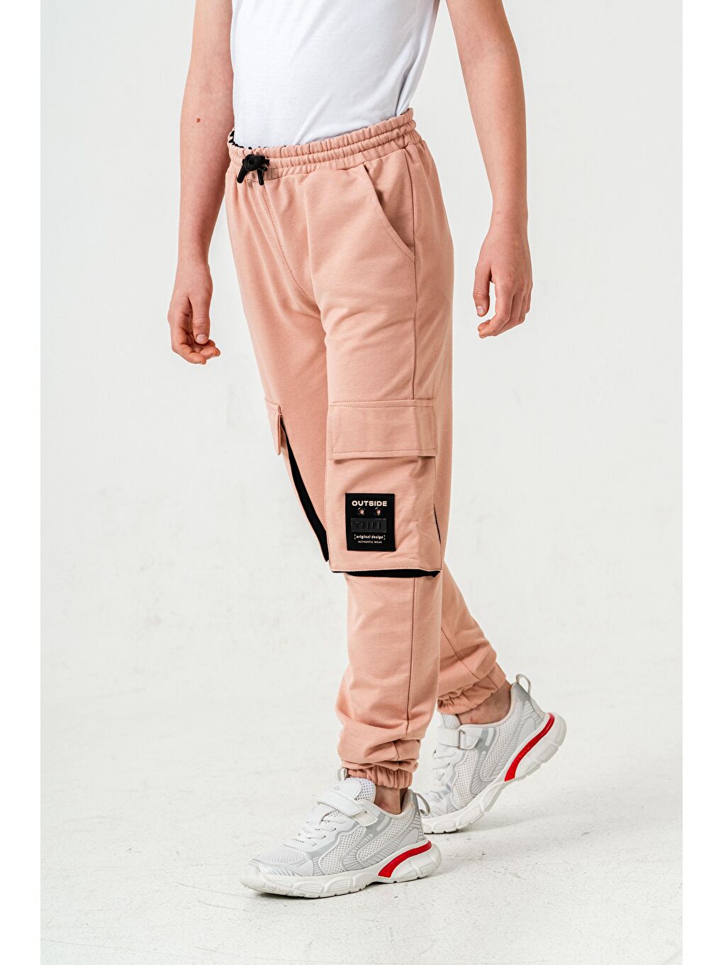 Pembe Çift Kargo Cepli Sol Cep Kapagı Armalı Erkek Çoçuk Eşofman Altı-5