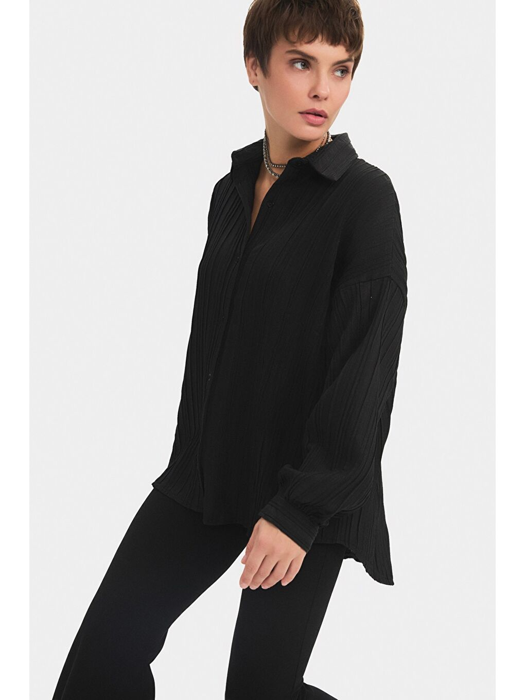 Siyah Kadın Regular/normal Kalıp Dökümlü Gömlek-2