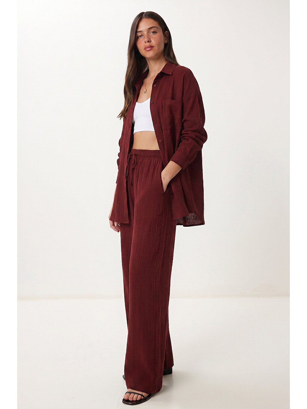 Bordo Oversize Müslin Gömlek Pantolon Takım BORDO LSA0014