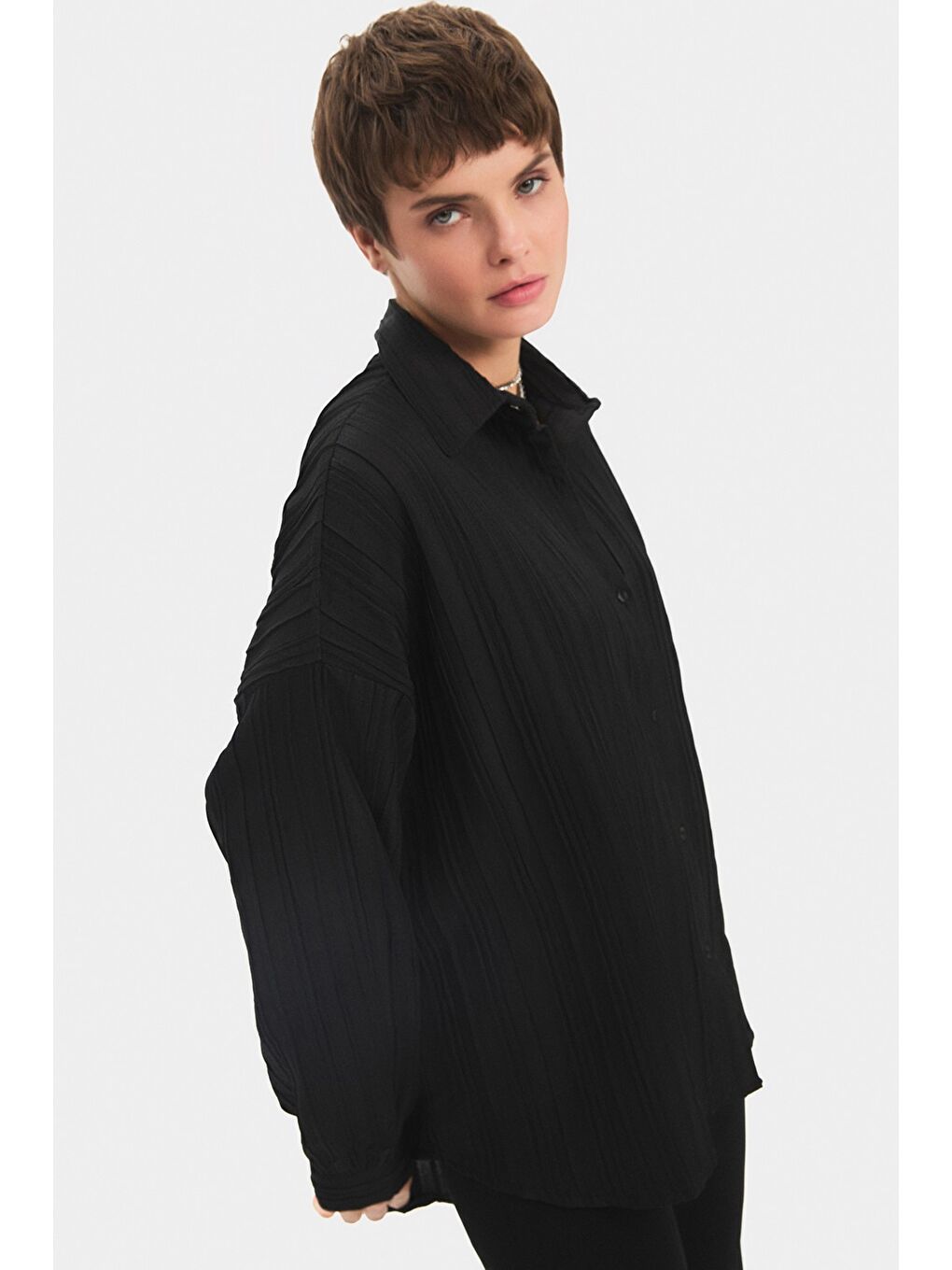 Siyah Kadın Regular/normal Kalıp Dökümlü Gömlek-3