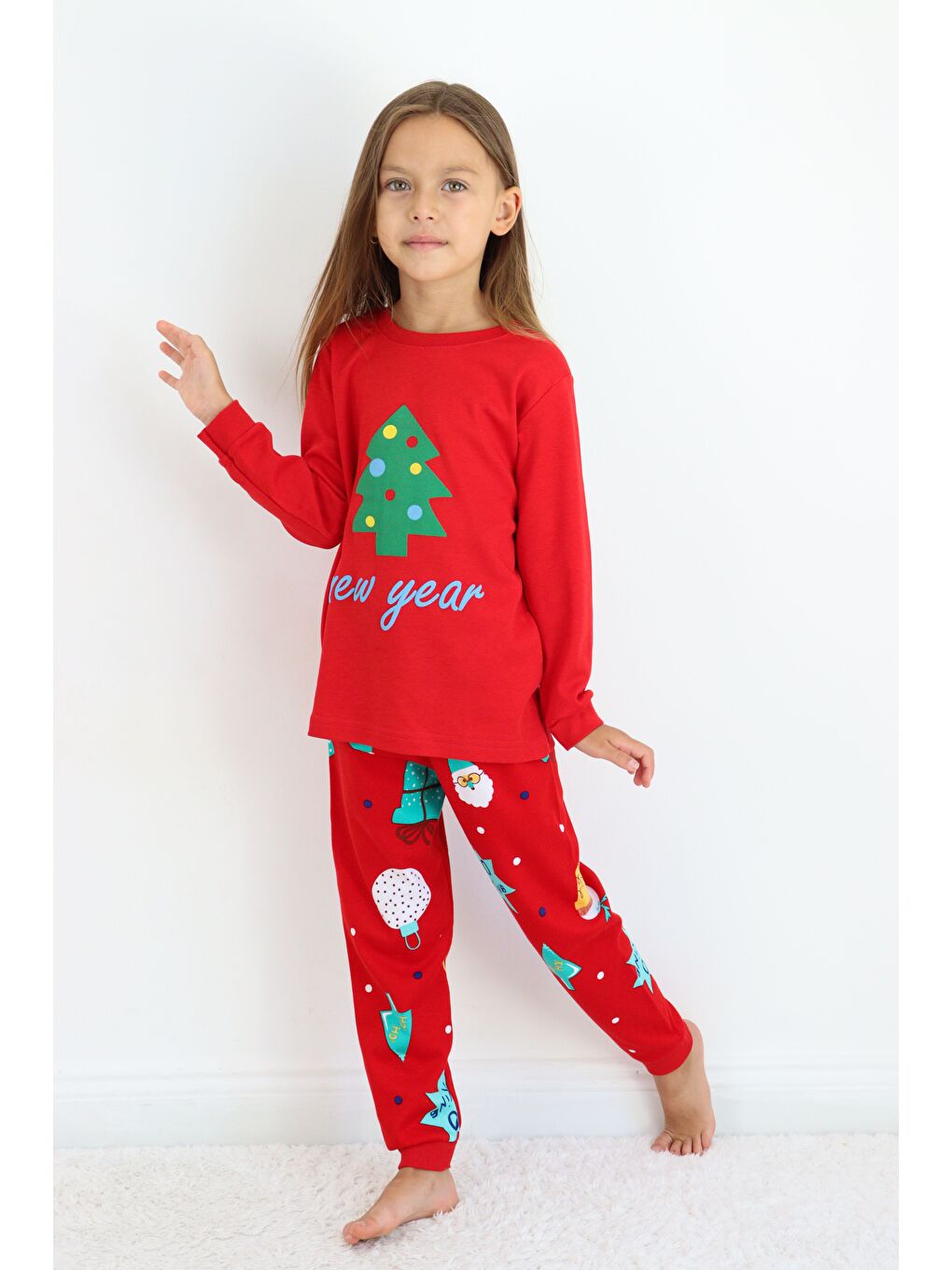 Kırmızı Kız Çocuk Orta Kalınlıkta Basic Baskılı Pijama Takımı-3