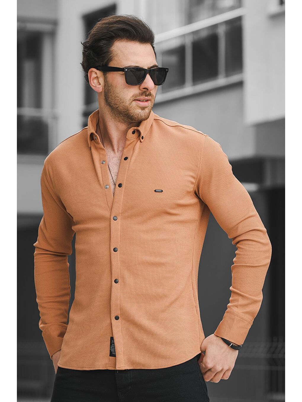 Kahverengi Yx 16788 Çıt Çıtlı Likralı Slim Fit Örme Erkek Gömlek