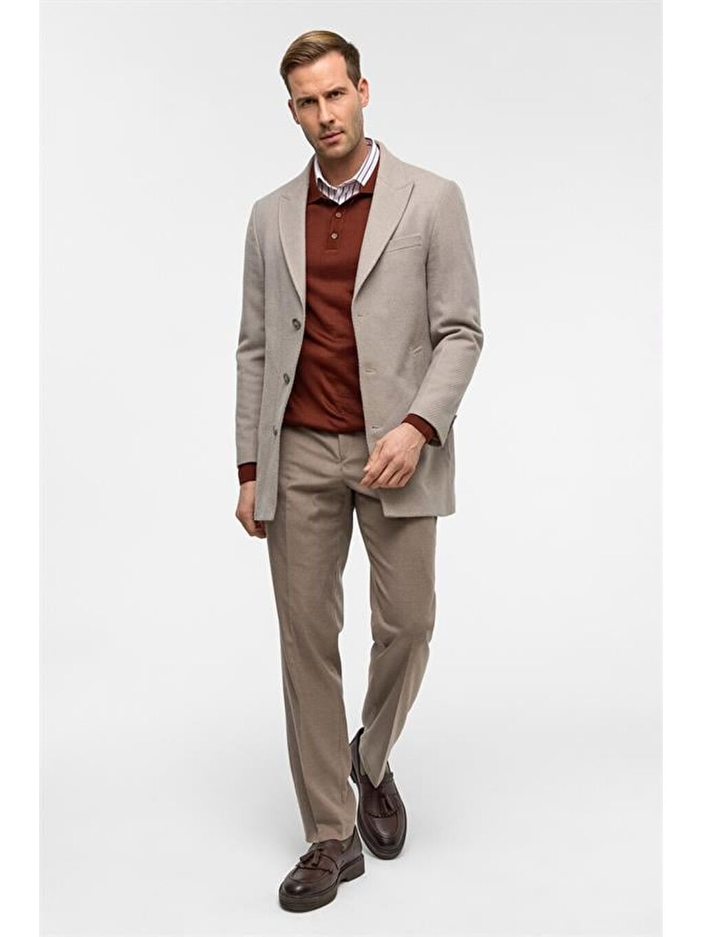 Bej Slim Desenli Sivri Yaka Kaban-11