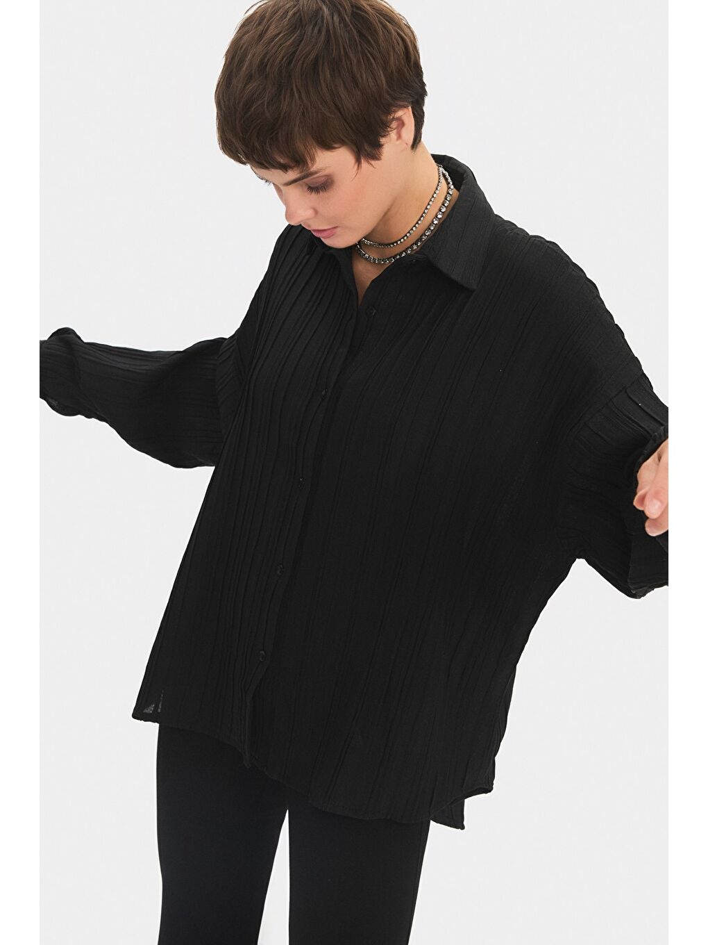 Siyah Kadın Regular/normal Kalıp Dökümlü Gömlek-5