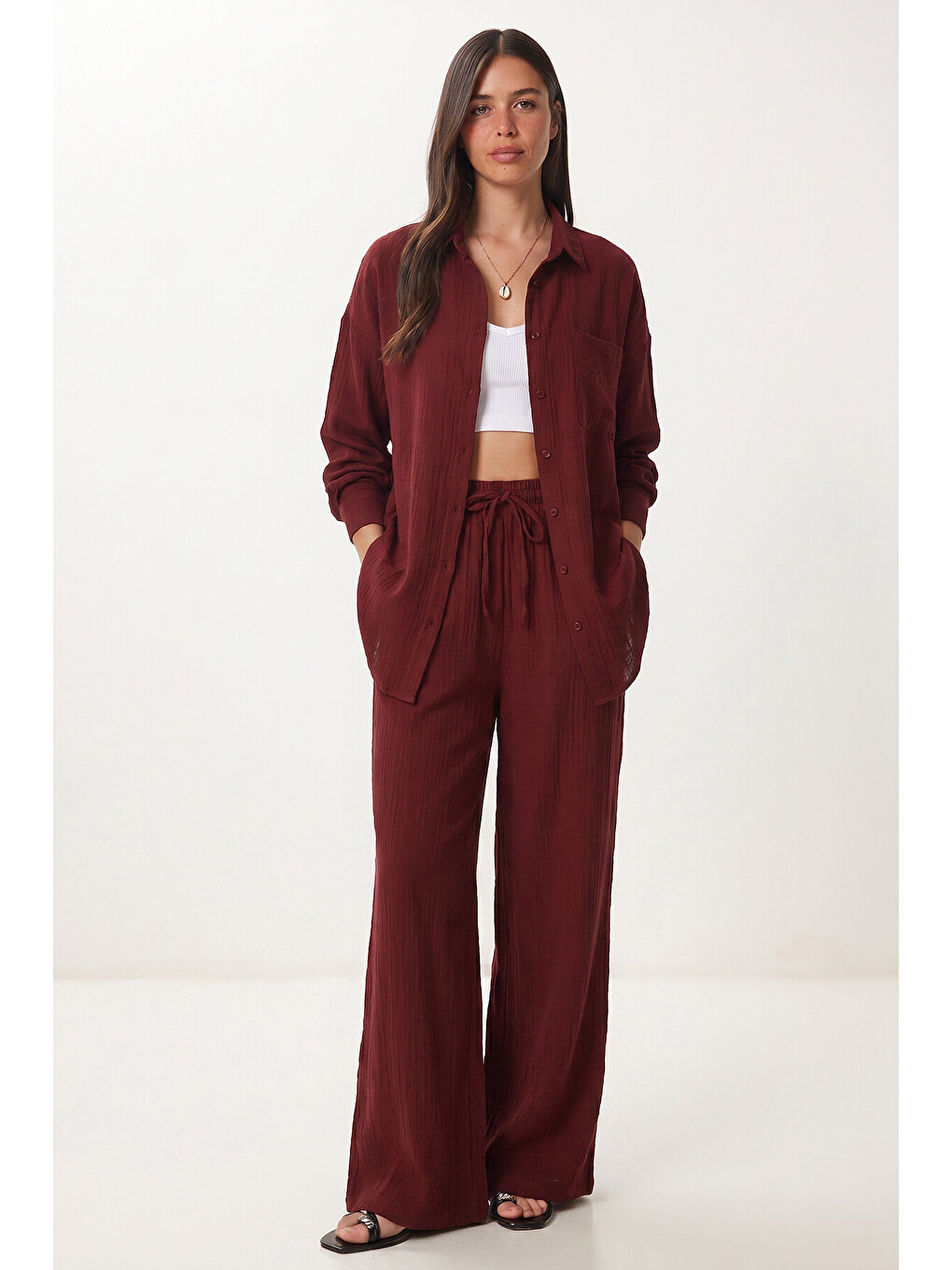 Bordo Oversize Müslin Gömlek Pantolon Takım BORDO LSA0014-1