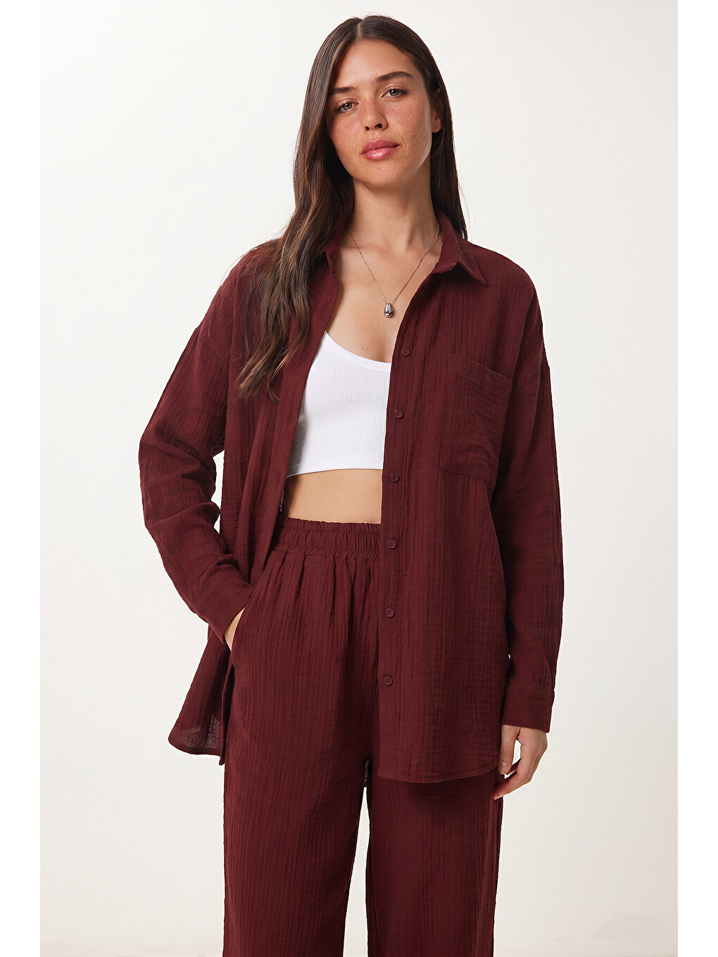 Bordo Oversize Müslin Gömlek Pantolon Takım BORDO LSA0014-2