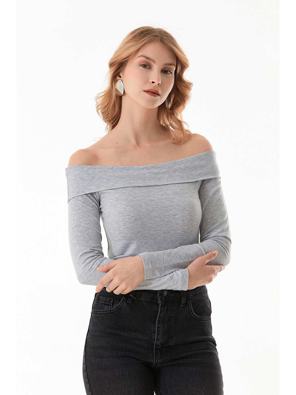Gri Basic Madonna Yaka Bluz-2