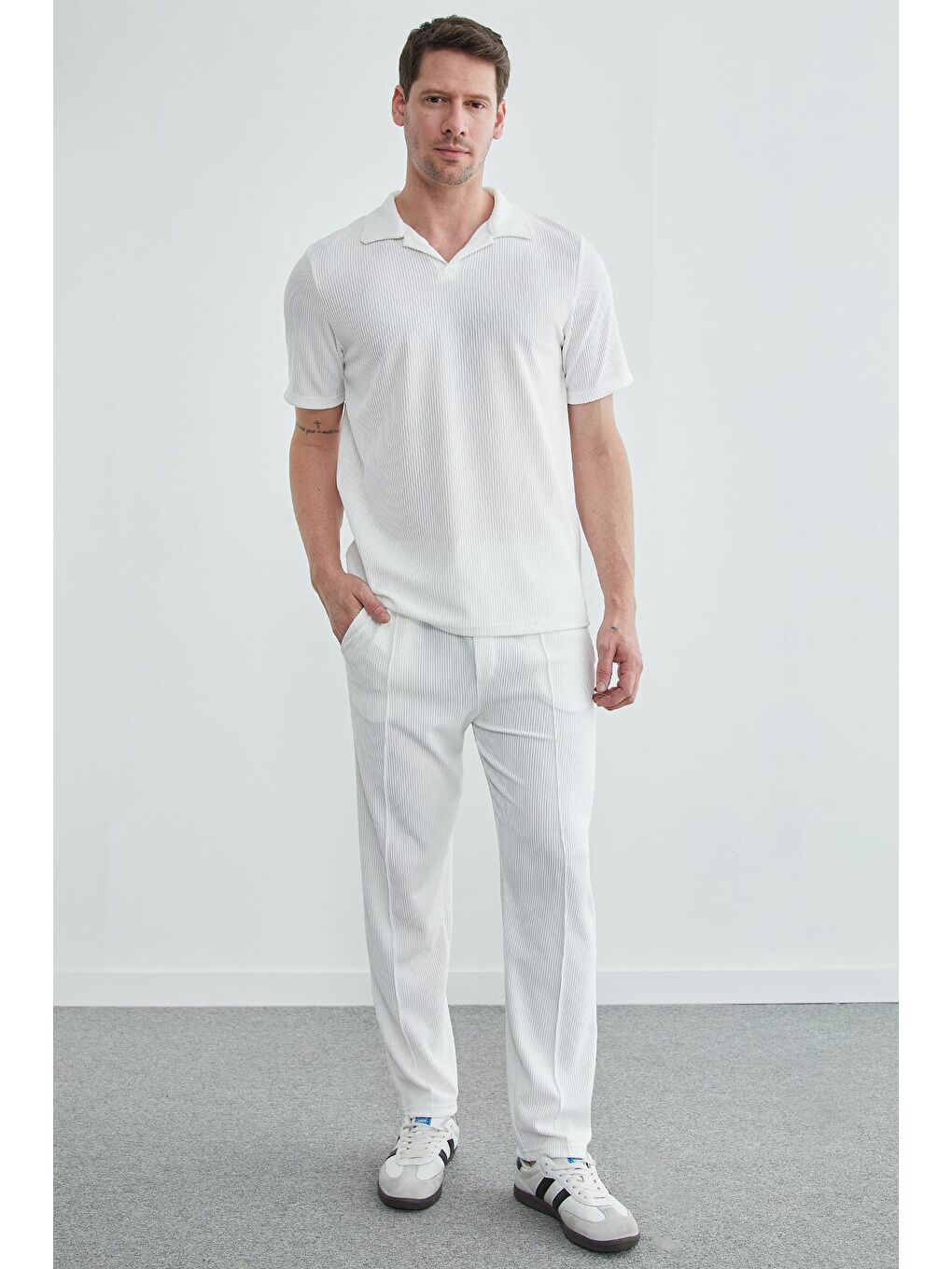 Ekru Beli Lastikli Fitilli Çimalı Pantolon