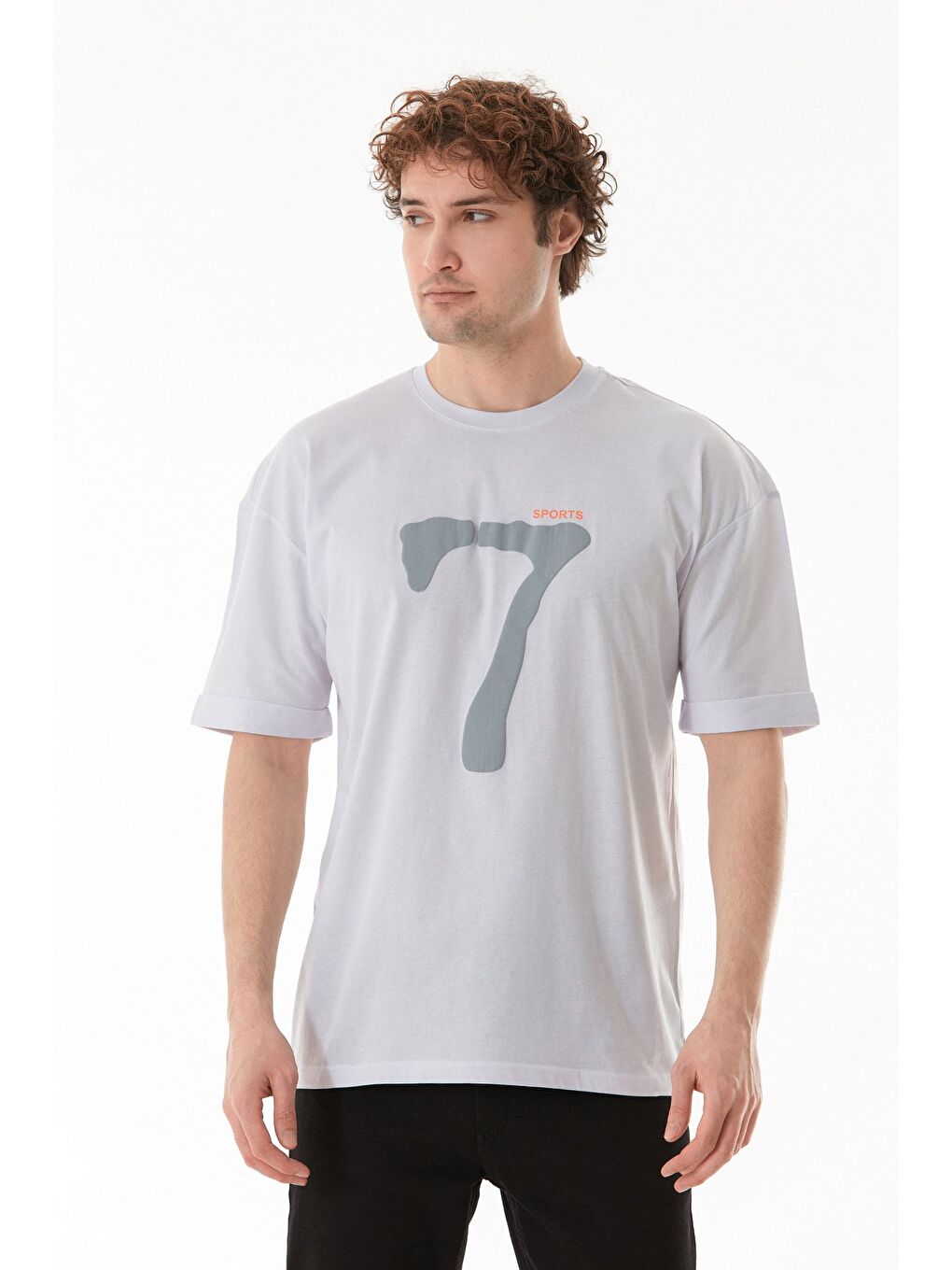 Beyaz Sports 7 Baskılı Oversize Tişört-1