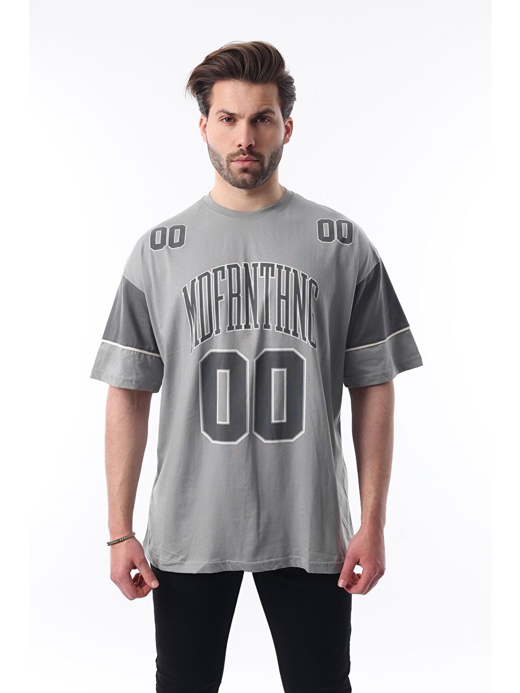 Boyalı Gri Baskılı Pamuklu Oversize Erkek %100 Pamuk Tişört 7035