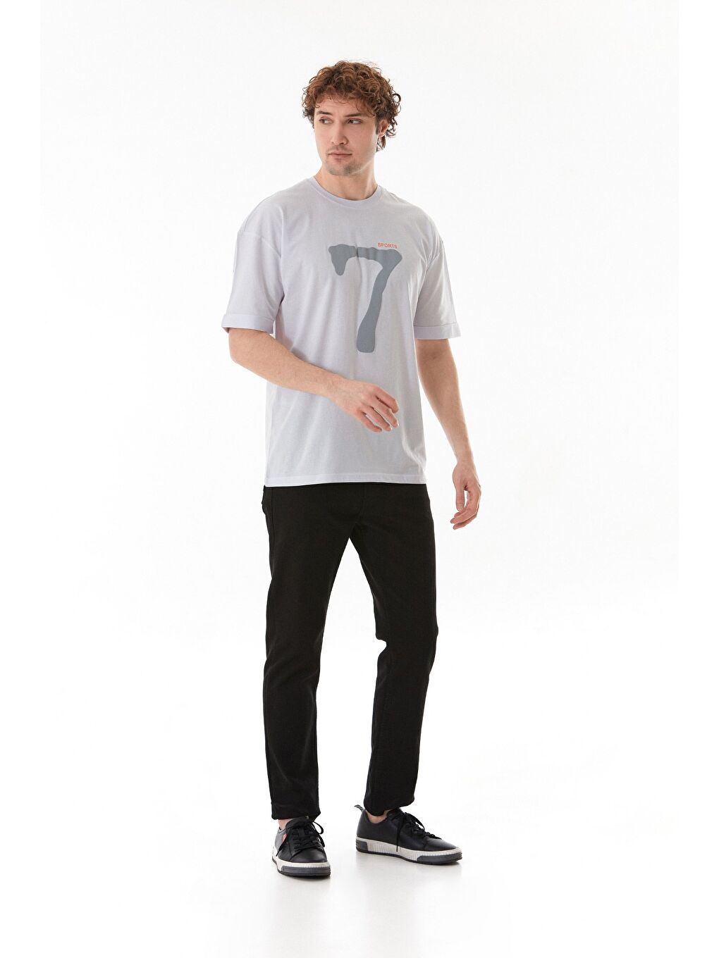 Beyaz Sports 7 Baskılı Oversize Tişört-2