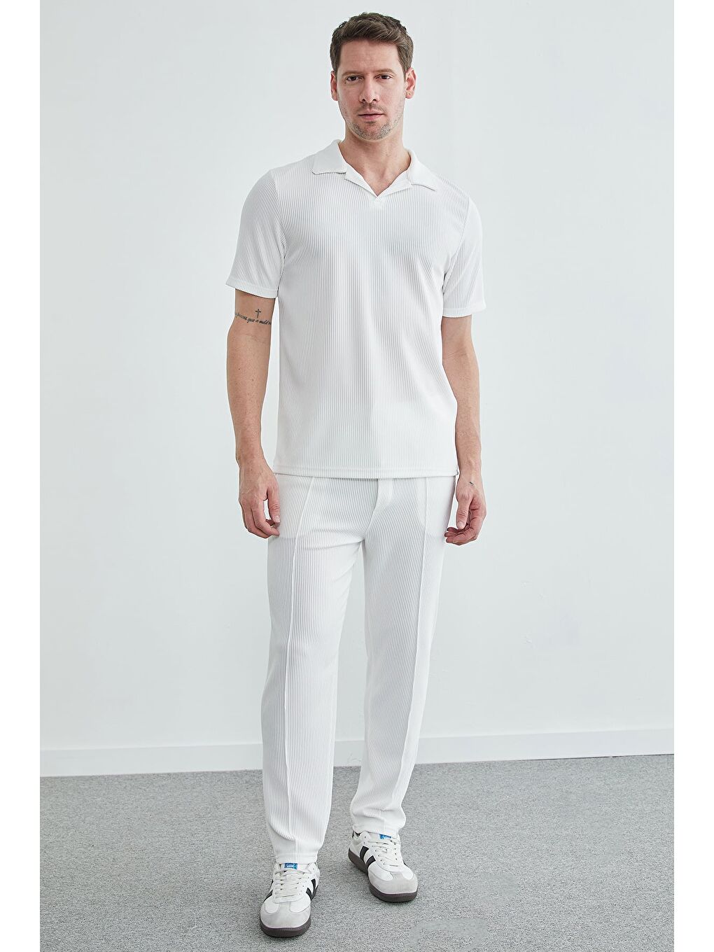 Ekru Beli Lastikli Fitilli Çimalı Pantolon-2