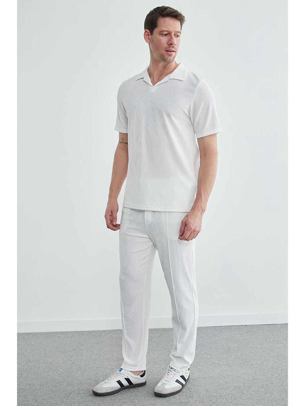 Ekru Beli Lastikli Fitilli Çimalı Pantolon-3