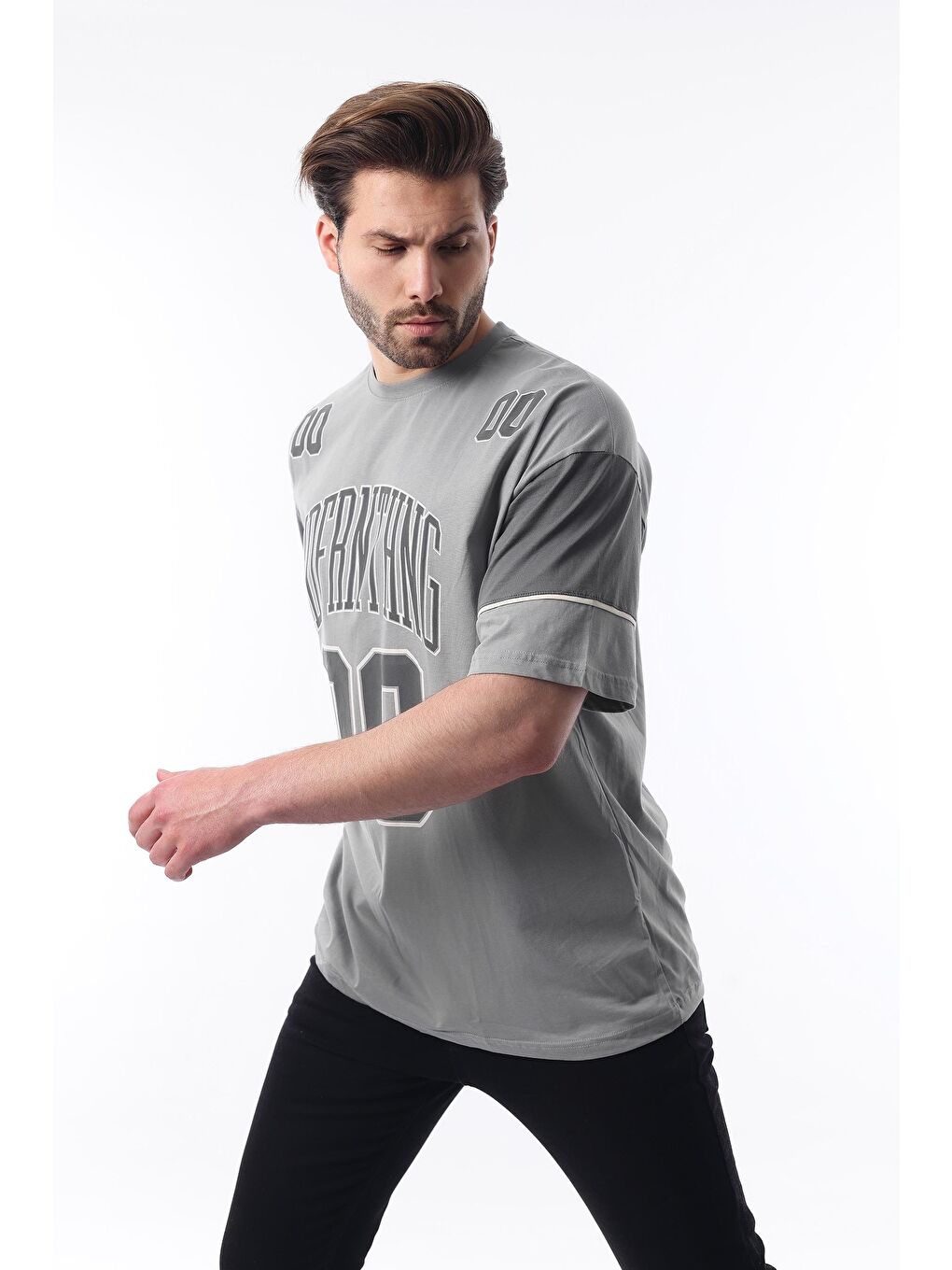 Boyalı Gri Baskılı Pamuklu Oversize Erkek %100 Pamuk Tişört 7035-1