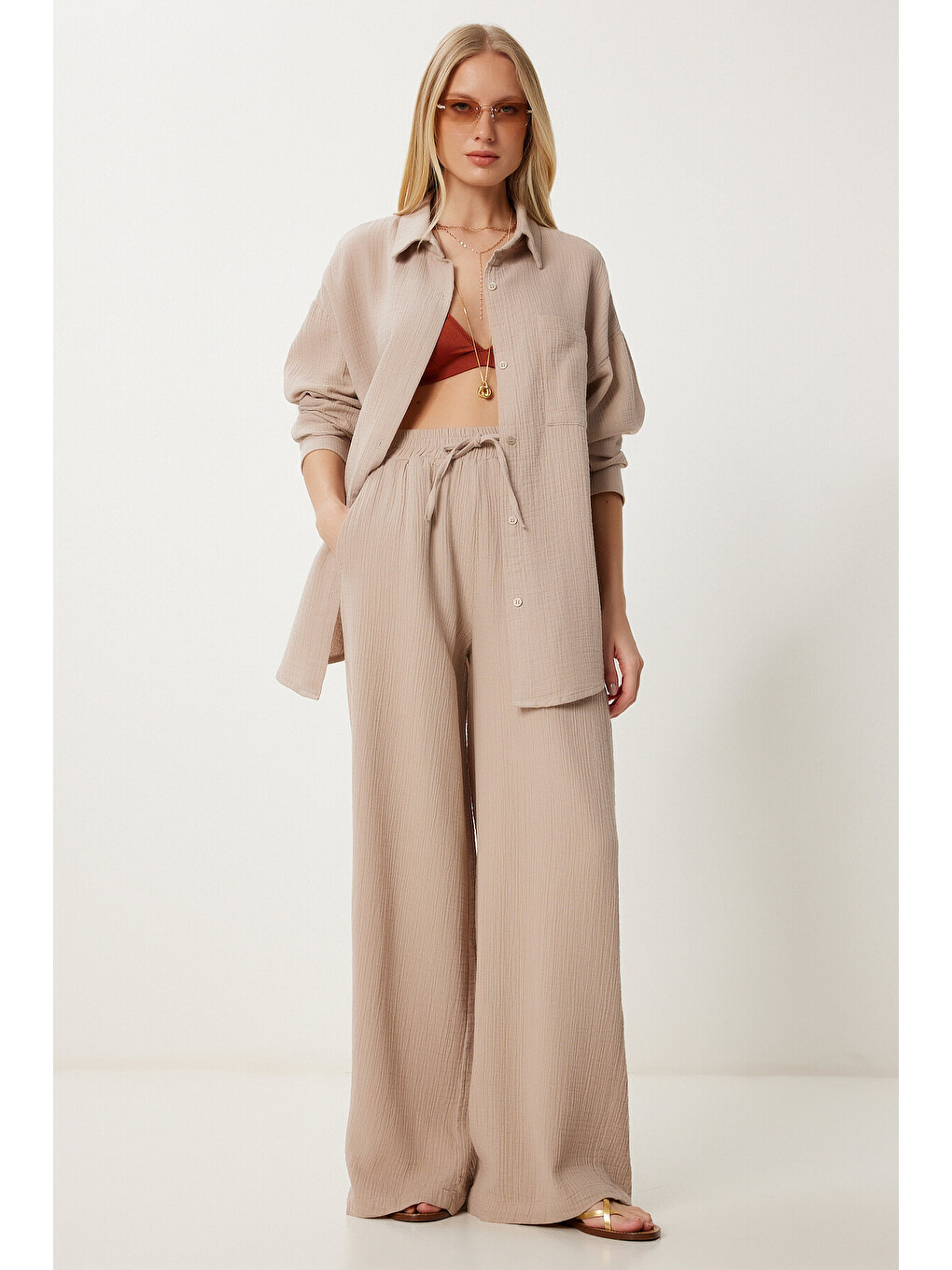 Bej Oversize Müslin Gömlek Pantolon Takım BEJ LSA0014