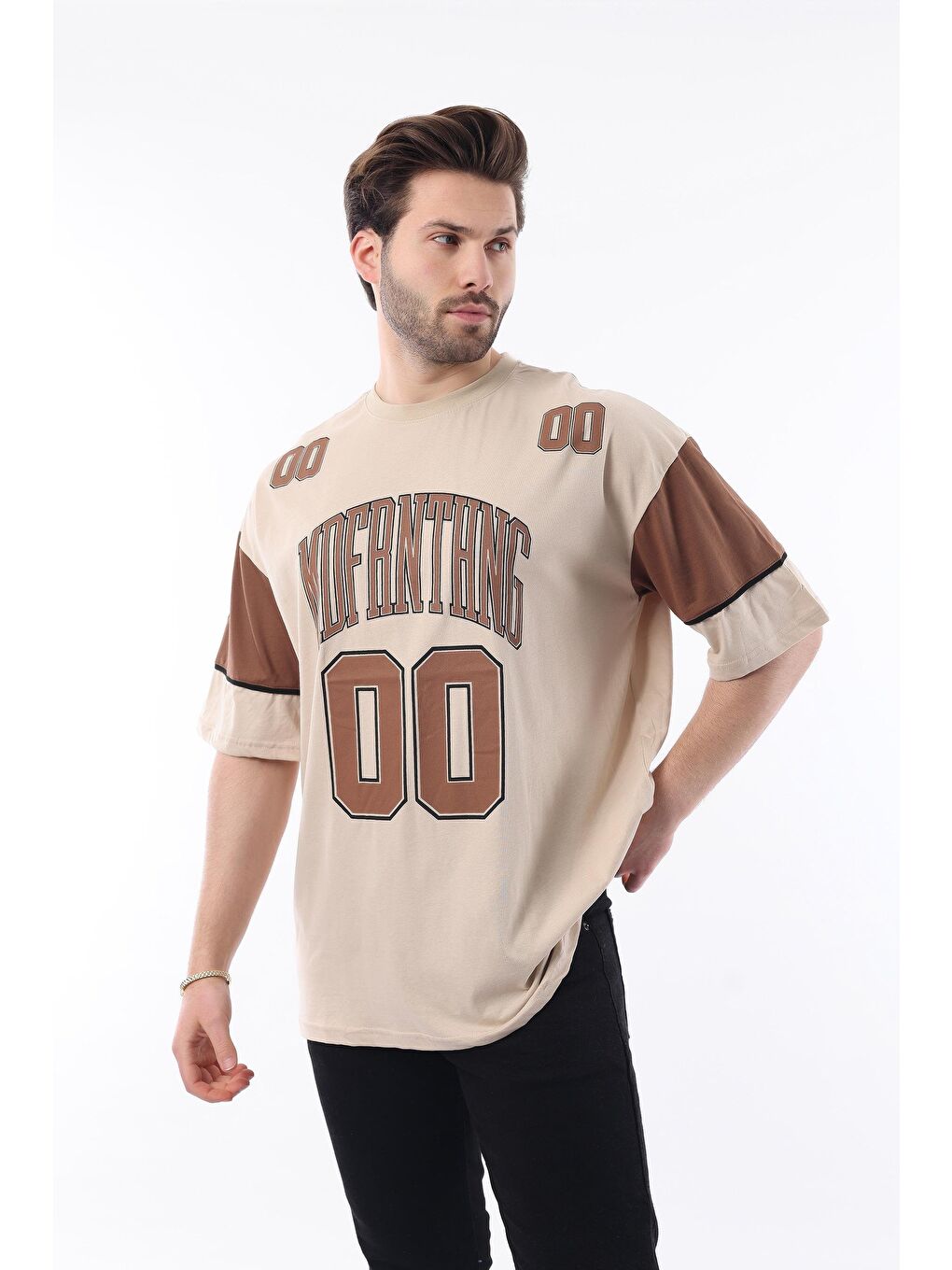 Bej Baskılı Pamuklu Oversize Erkek %100 Pamuk Tişört 7035