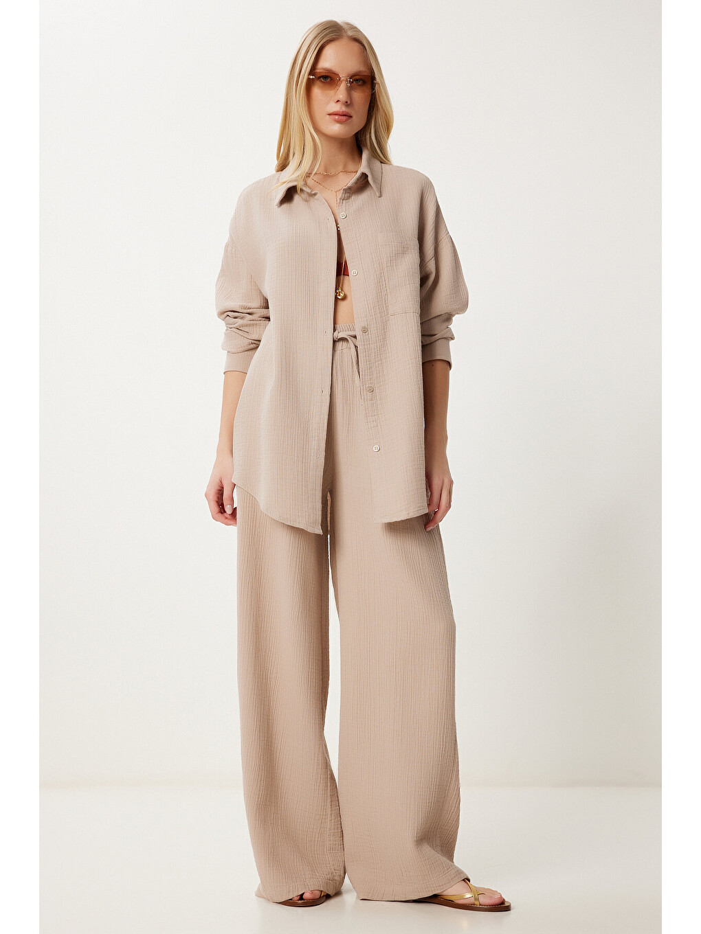 Bej Oversize Müslin Gömlek Pantolon Takım BEJ LSA0014-1