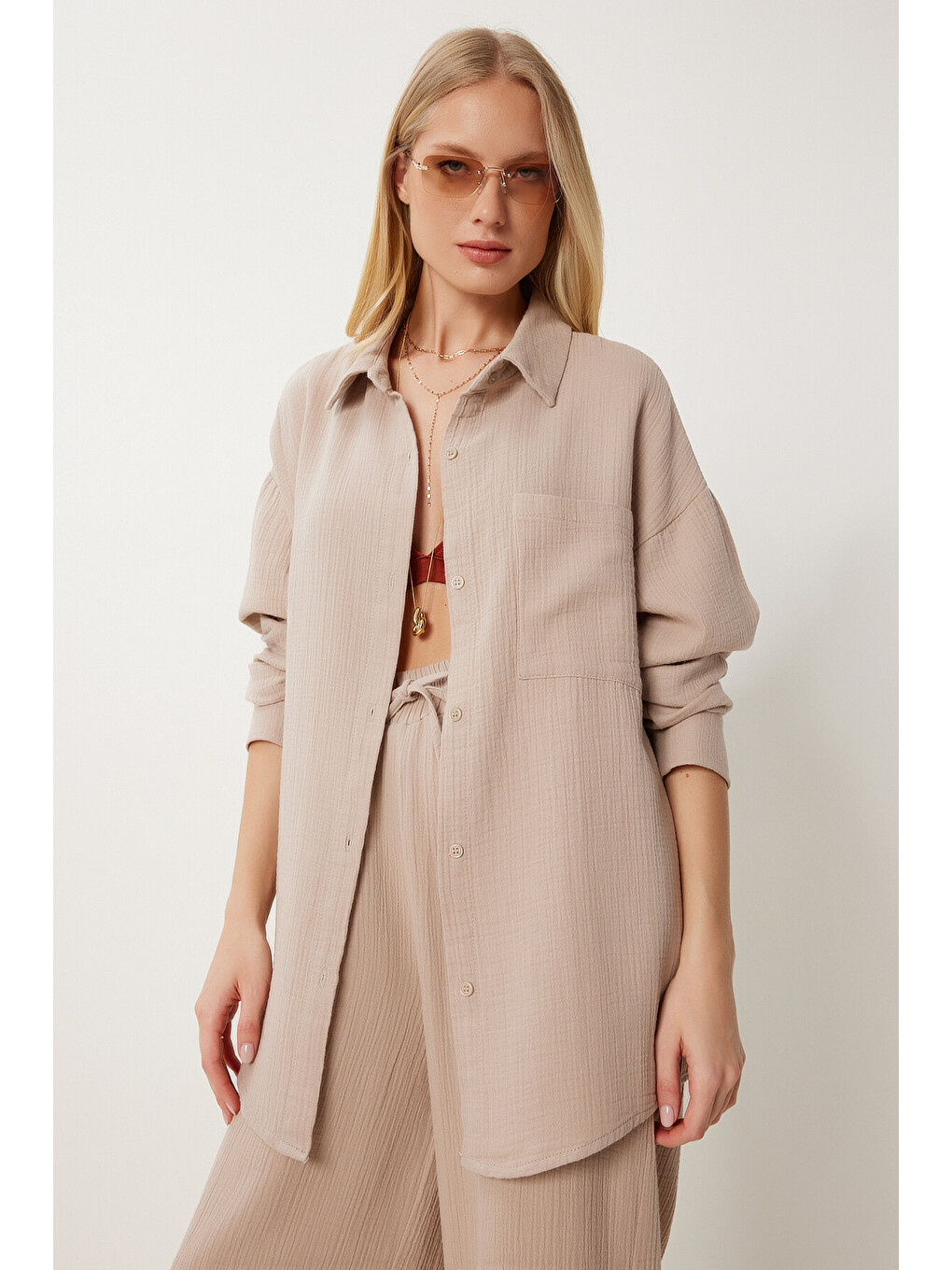 Bej Oversize Müslin Gömlek Pantolon Takım BEJ LSA0014-2